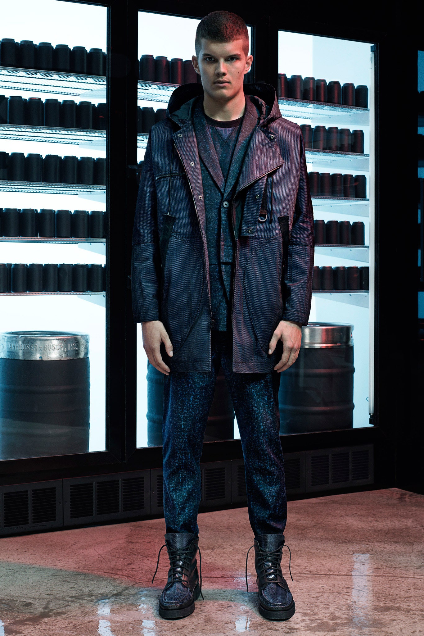 blue denim long-sleeve hooded relaxed zippered coat