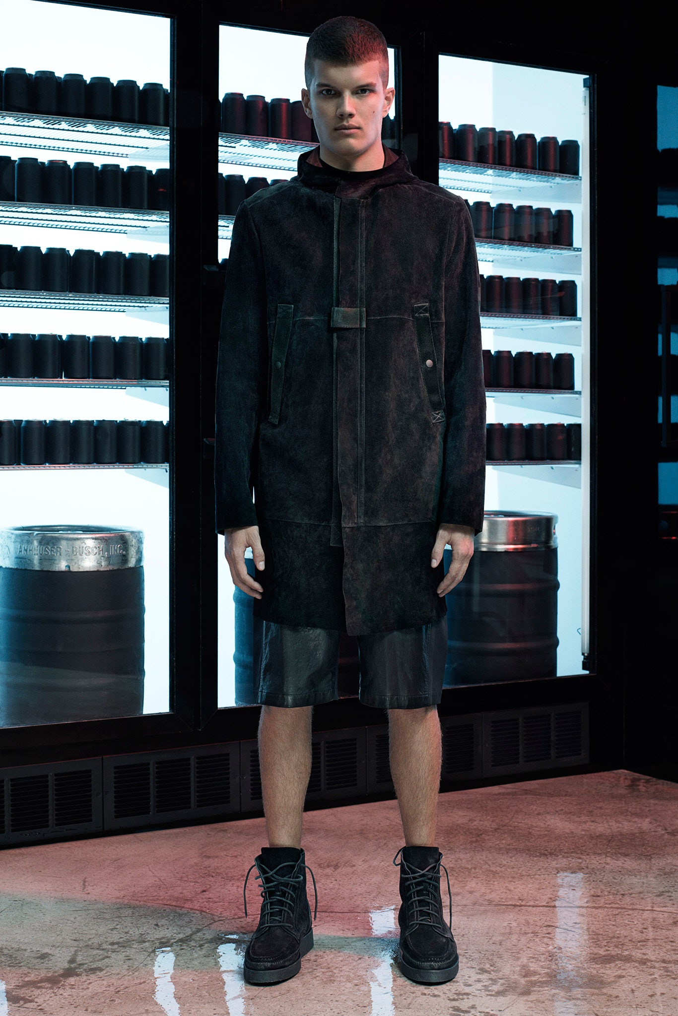 black suede long-sleeve hooded relaxed zippered pockets coat