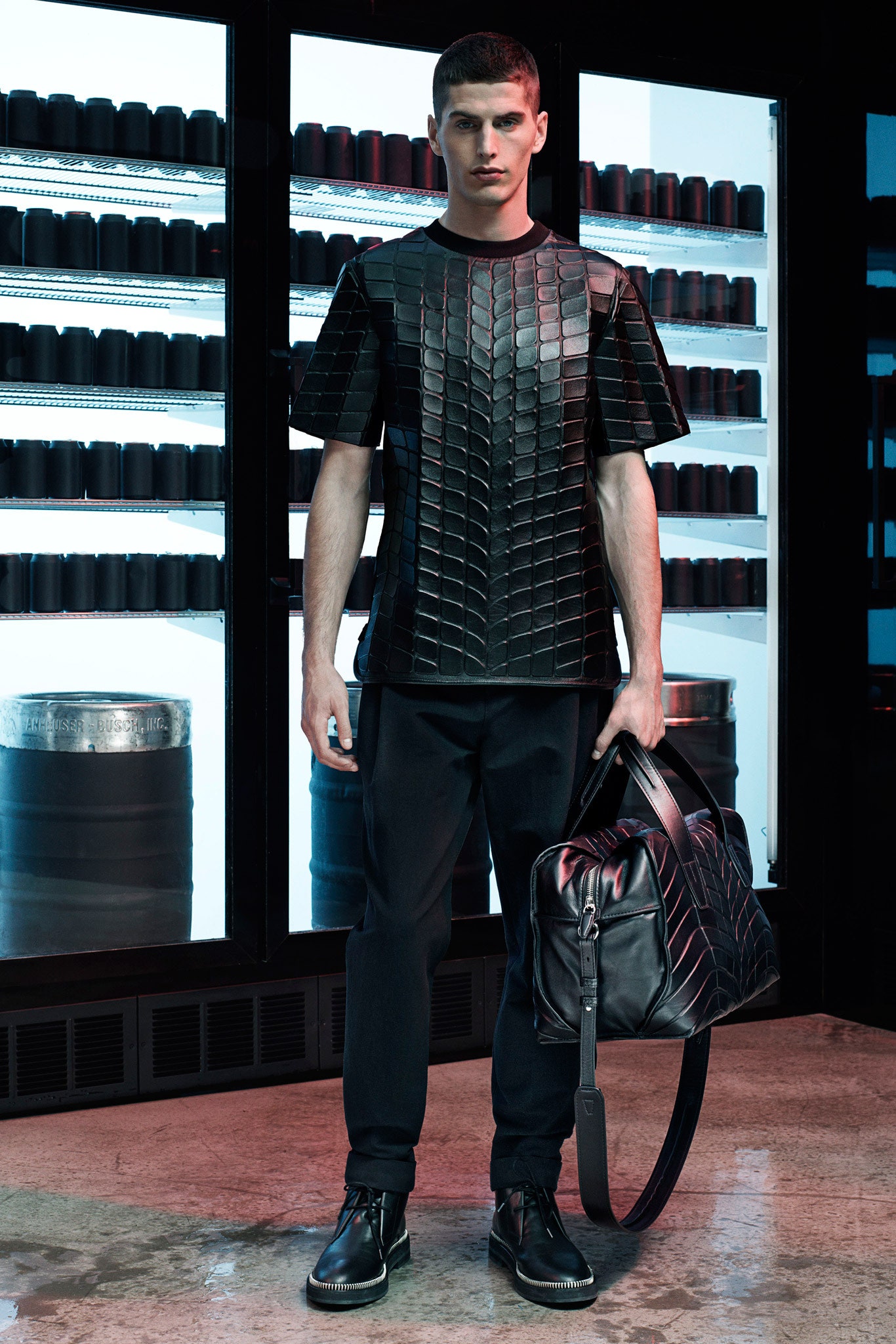 black leather short-sleeve collared fitted textured top