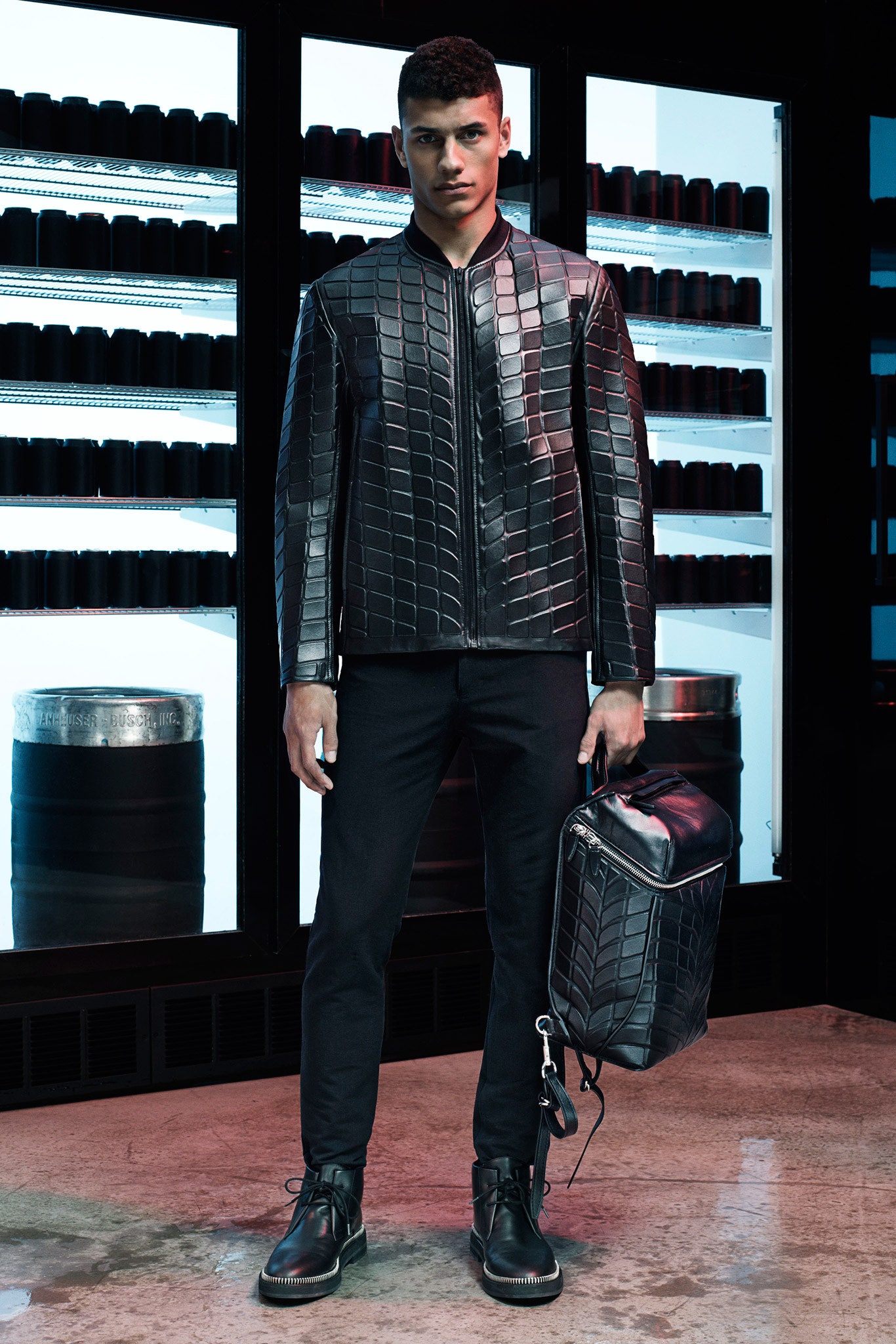 black leather long-sleeve collared fitted textured jacket