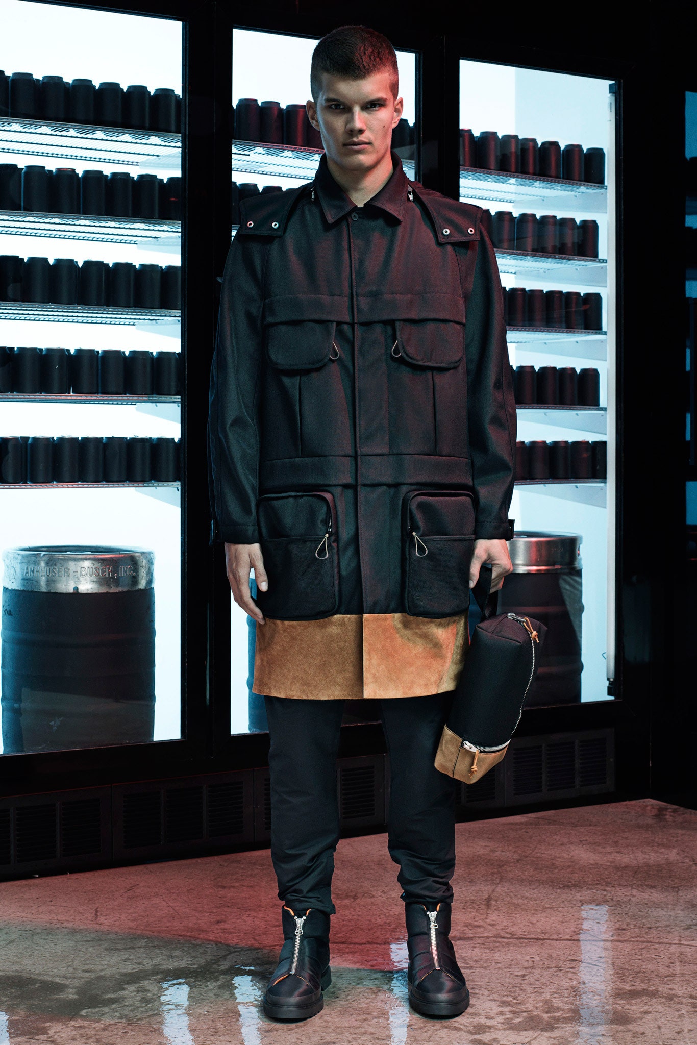 black leather long-sleeve collared relaxed pockets zippered coat