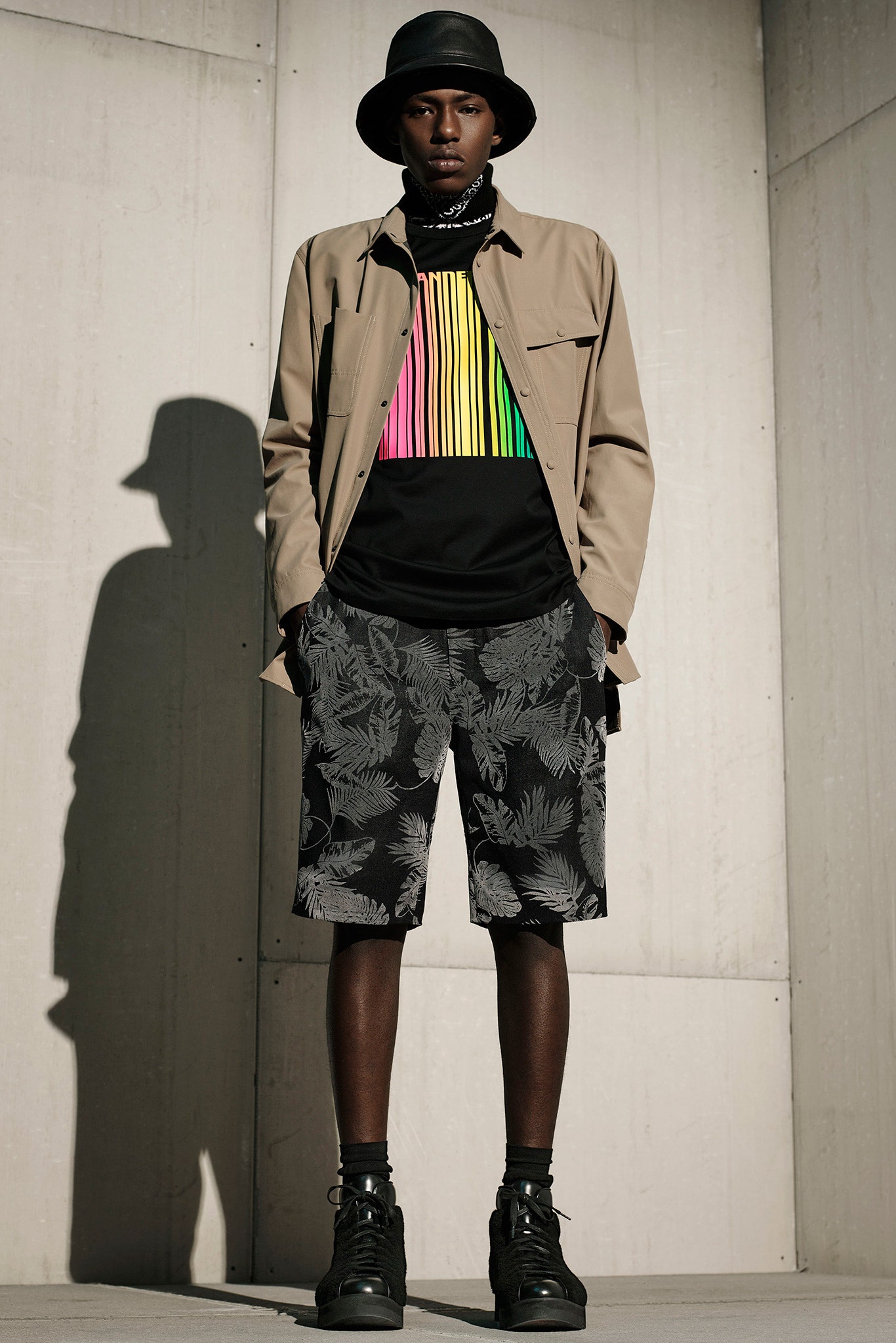 beige relaxed shirt with black t-shirt