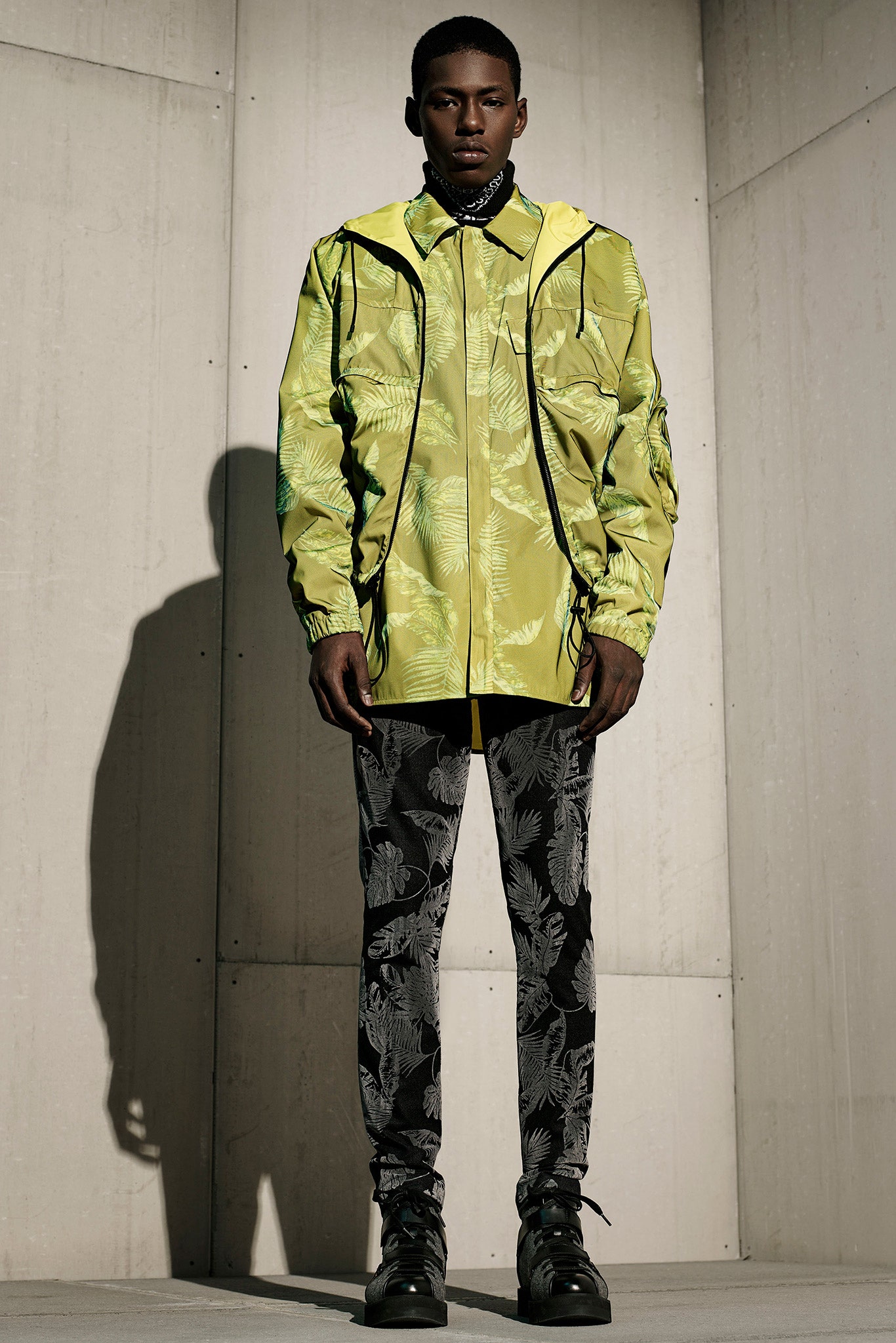yellow vinyl jacket with printed pants