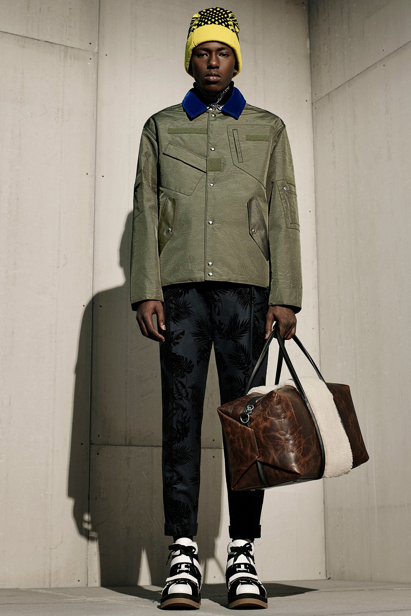 green relaxed jacket with printed pants