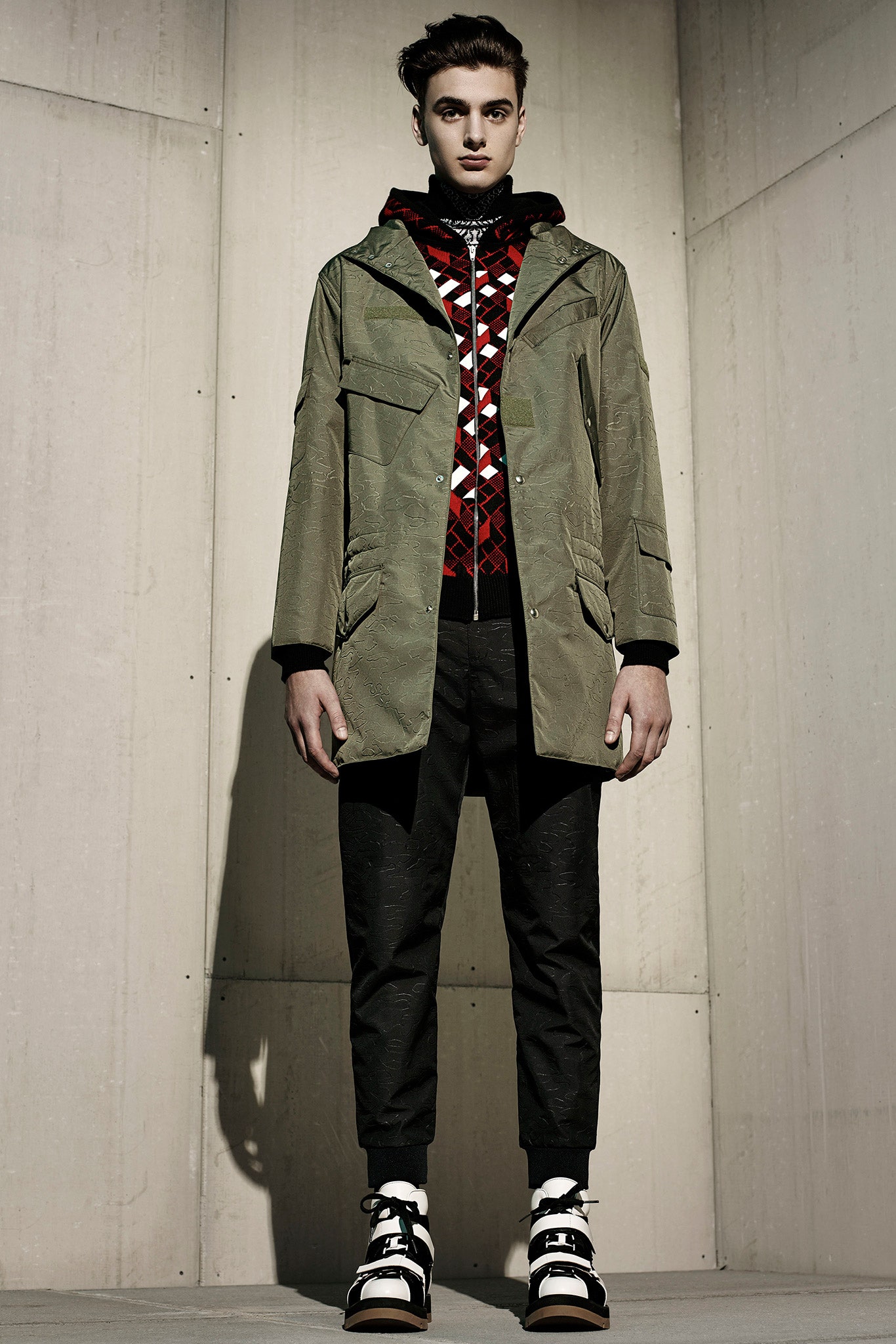 green parka with black hoodie