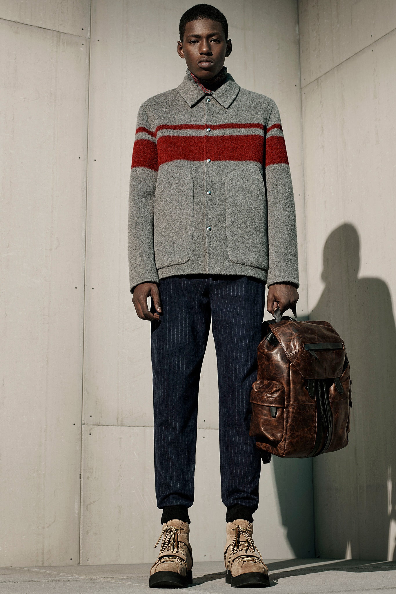 gray wool jacket with red stripes
