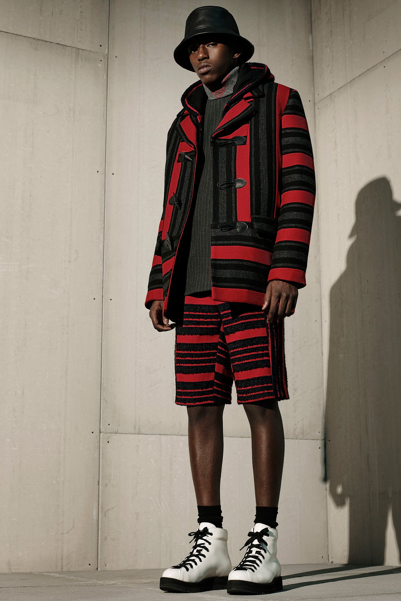 red and black striped jacket and shorts