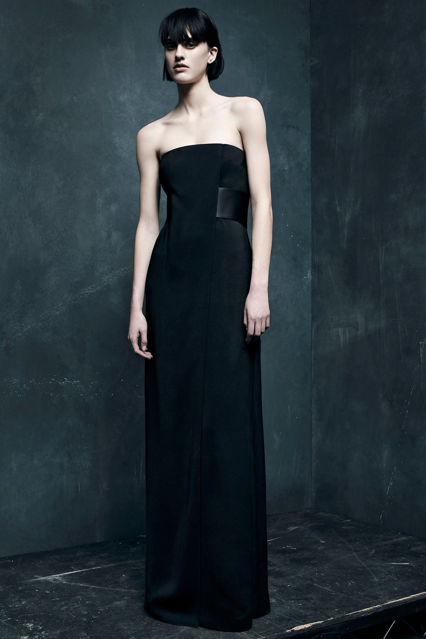 black silk strapless gown