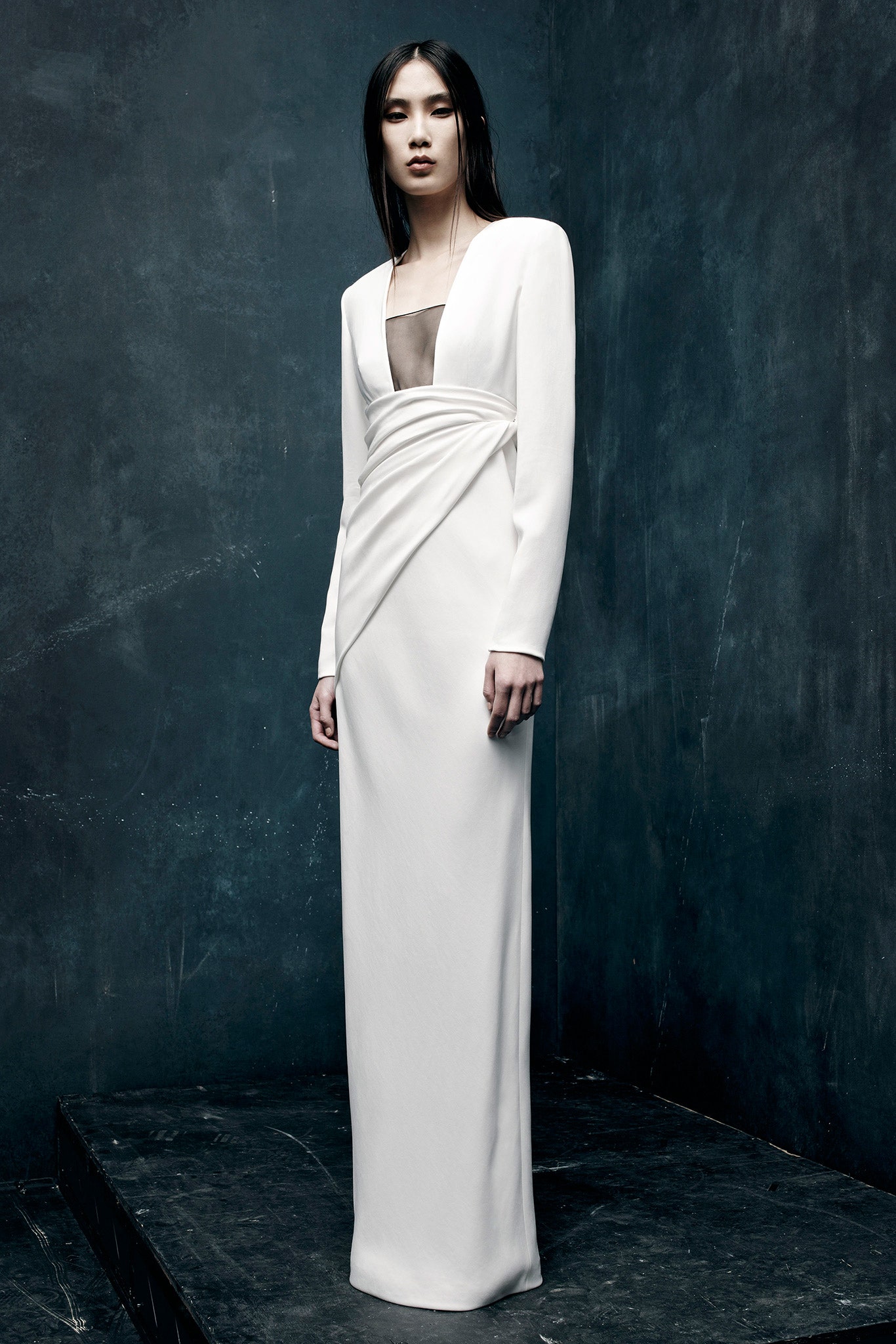 white fitted long-sleeve gown