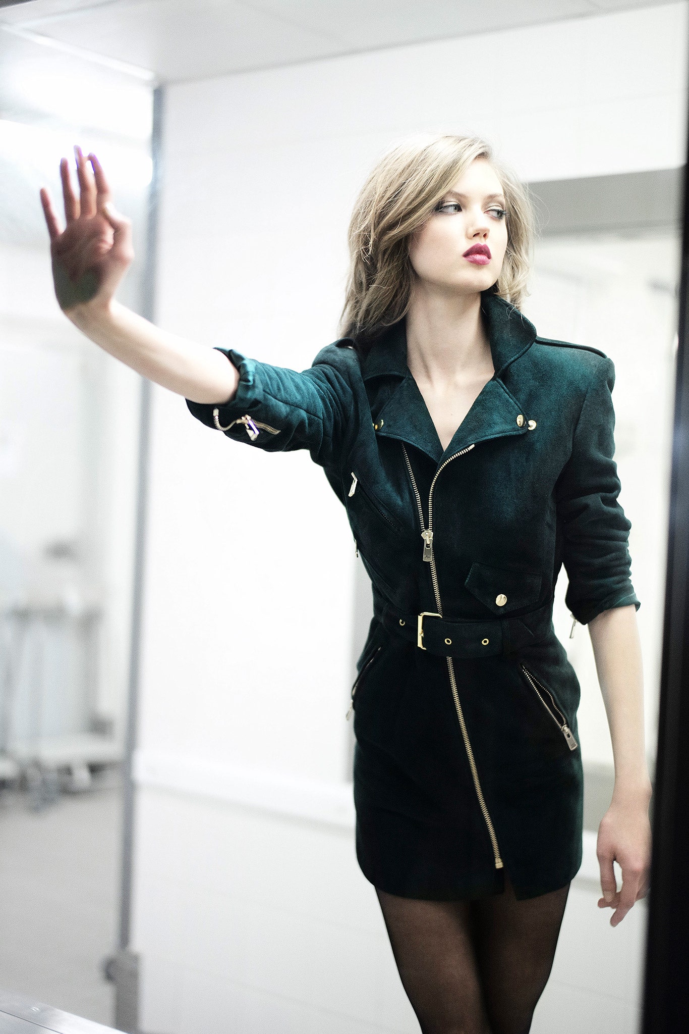 fitted green suede mini dress