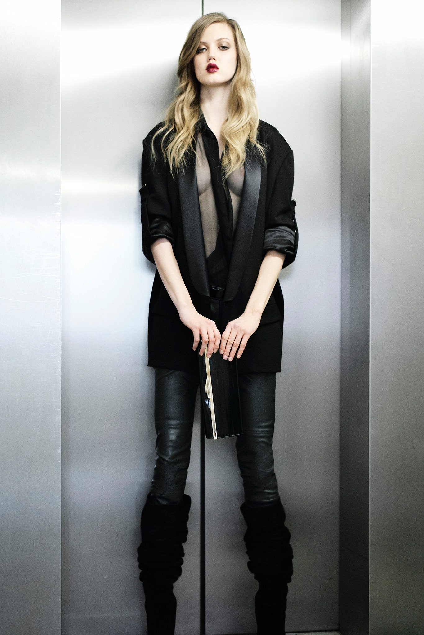 black silk blazer and leather pants