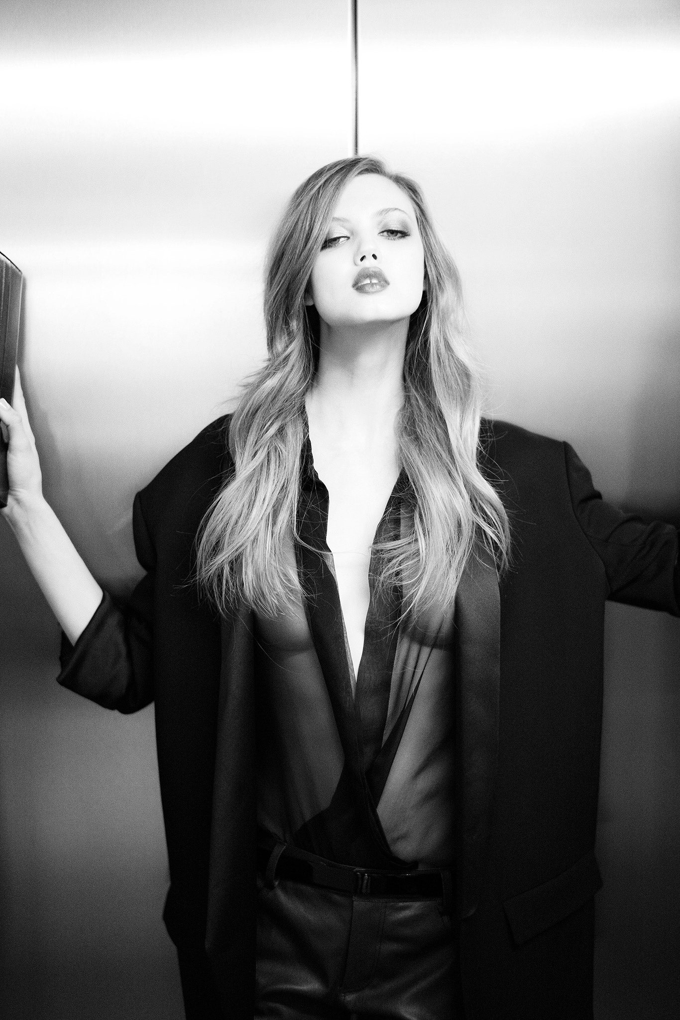 black silk blouse oversized coat leather pants