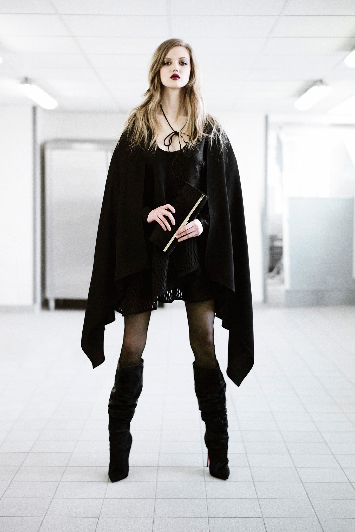 black mini dress with cape