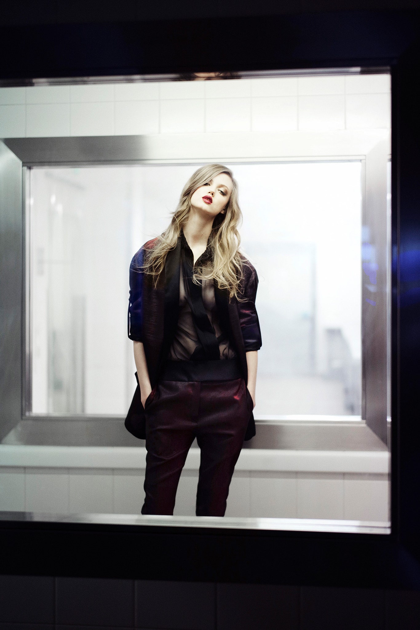 black silk blouse and tailored pants