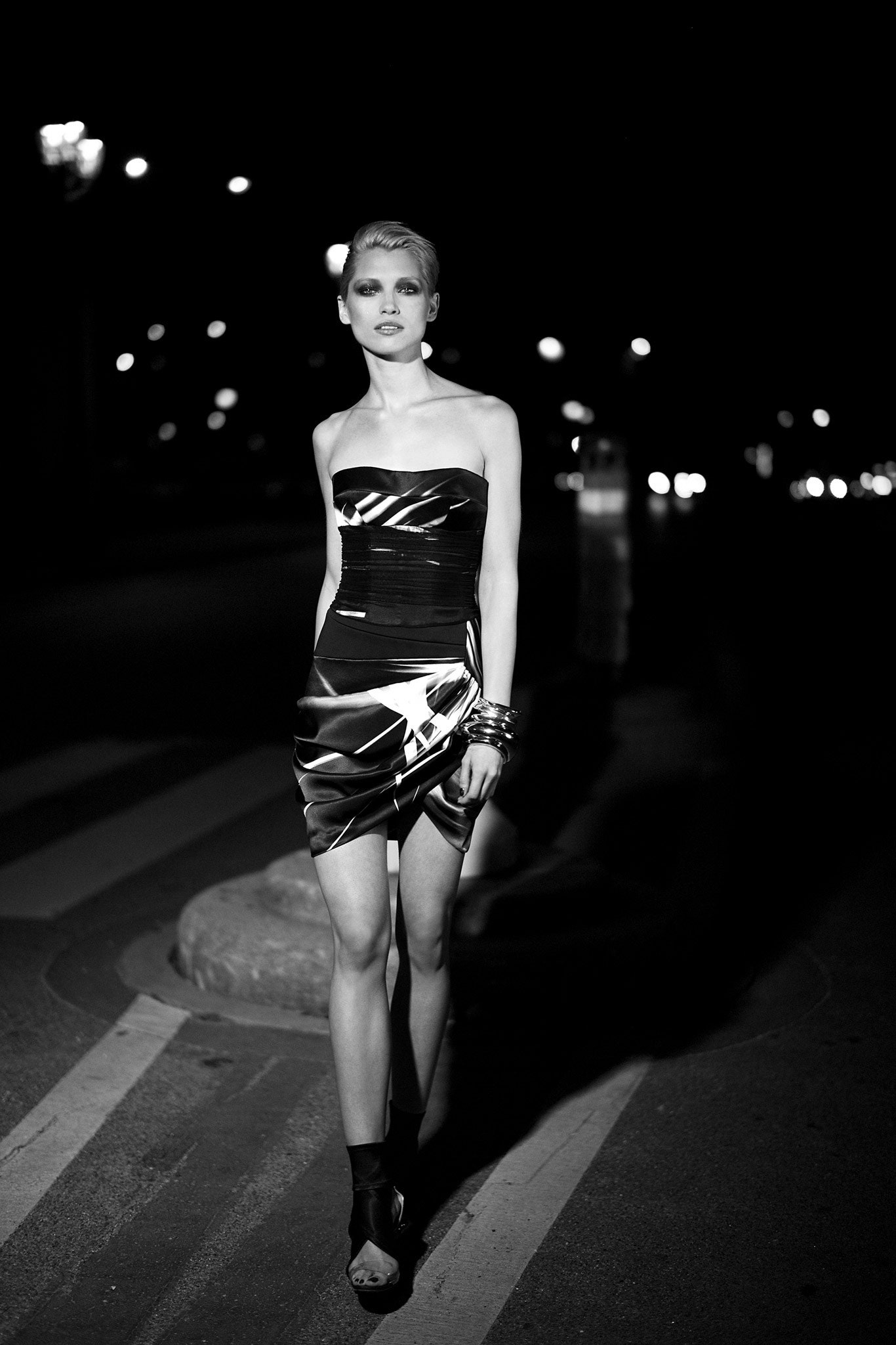 black and white strapless mini dress