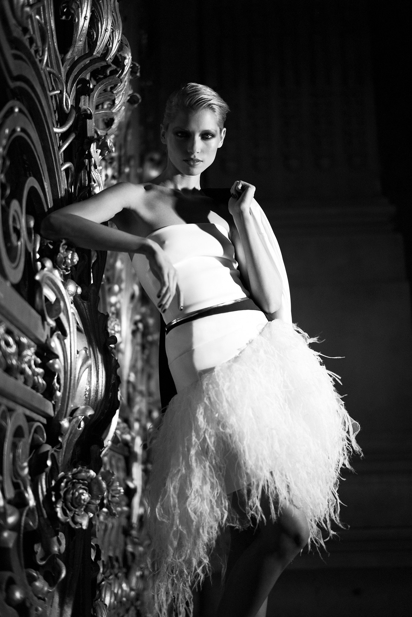 white silk strapless fitted ruffled short dress