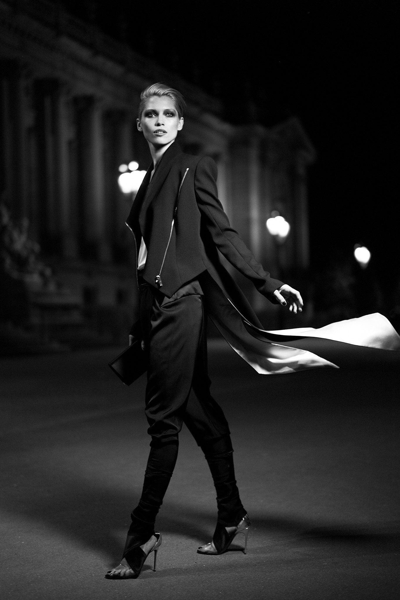 black silk fitted high-waisted straight-leg pants