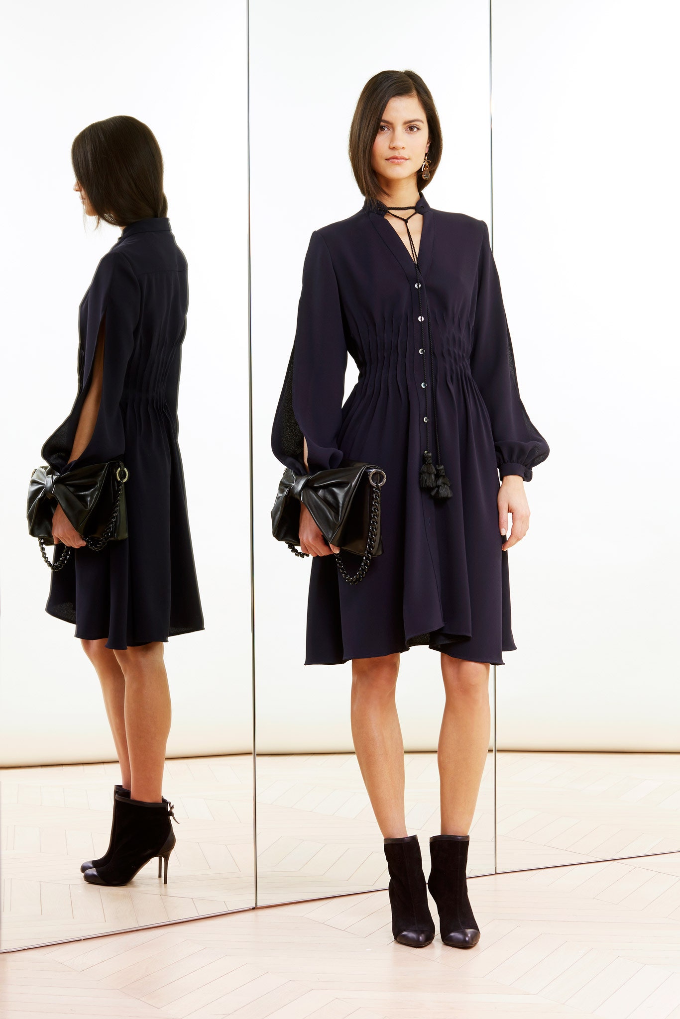 black silk long-sleeve collared relaxed buttoned tiered dress