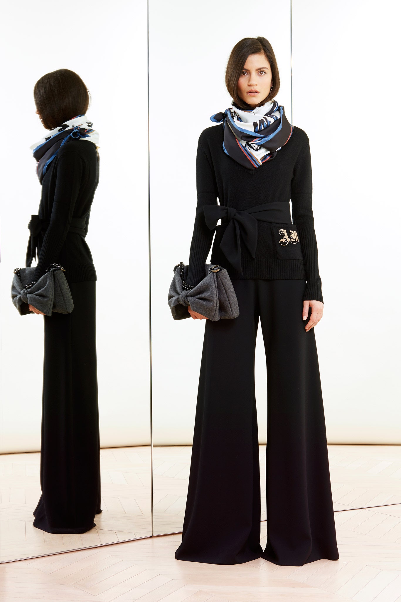 black cotton long-sleeve v-neck fitted belted top
