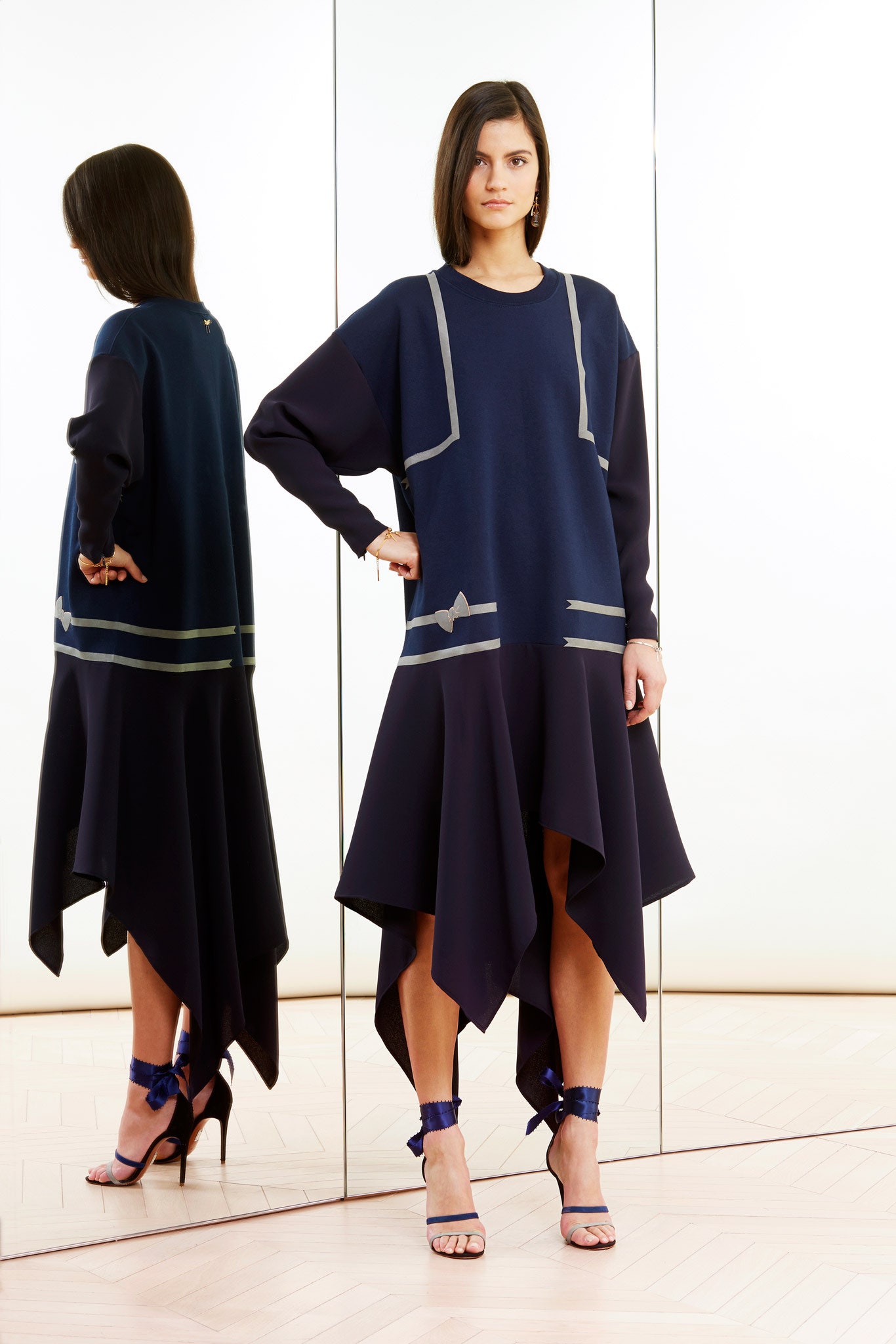 blue cotton long-sleeve high-neck relaxed midi dress