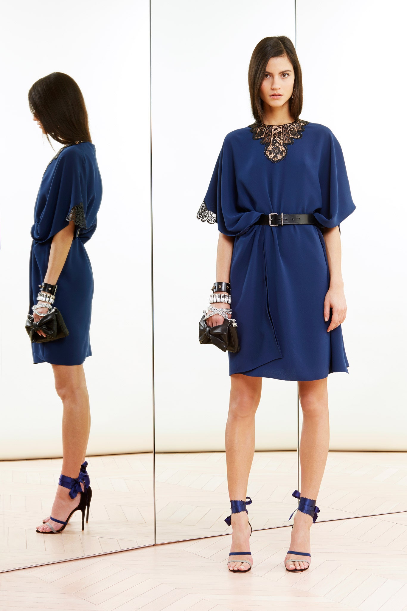 blue silk short-sleeve v-neck relaxed belted draped dress
