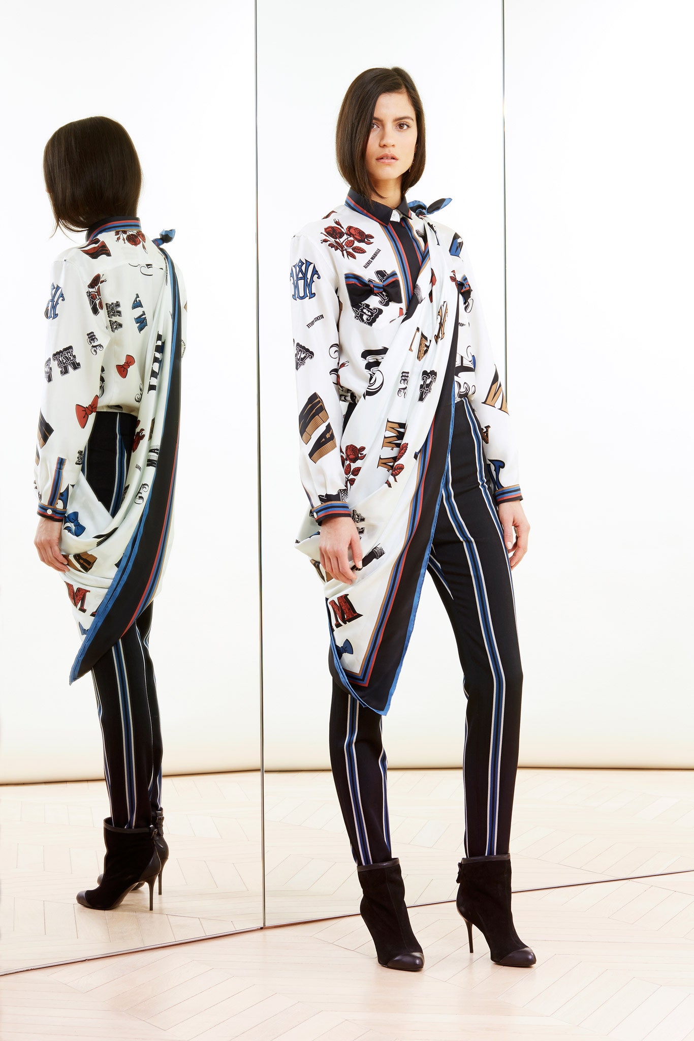 white silk long-sleeve collared fitted printed shirt