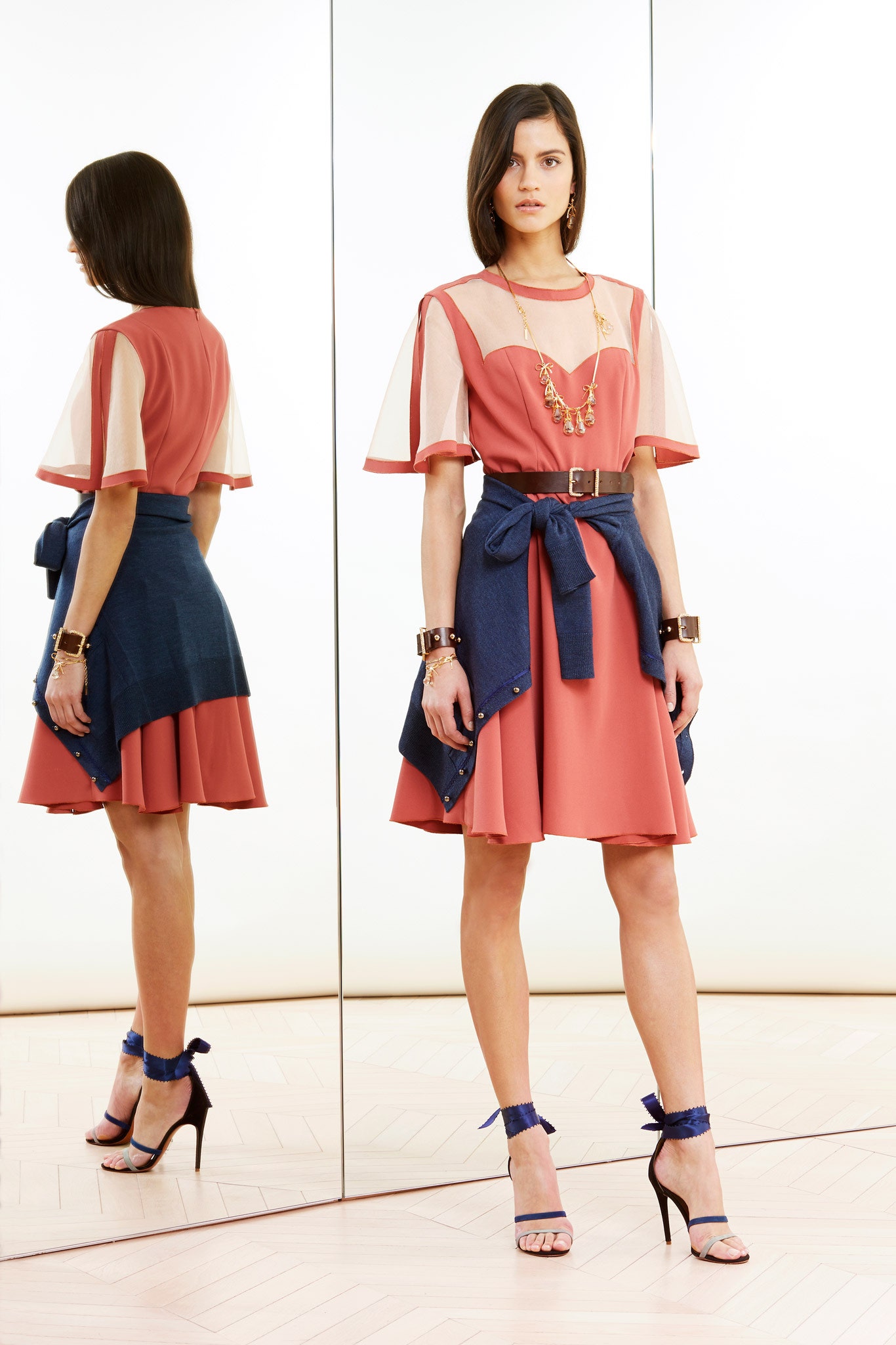 coral silk short-sleeve v-neck fitted a-line mini dress