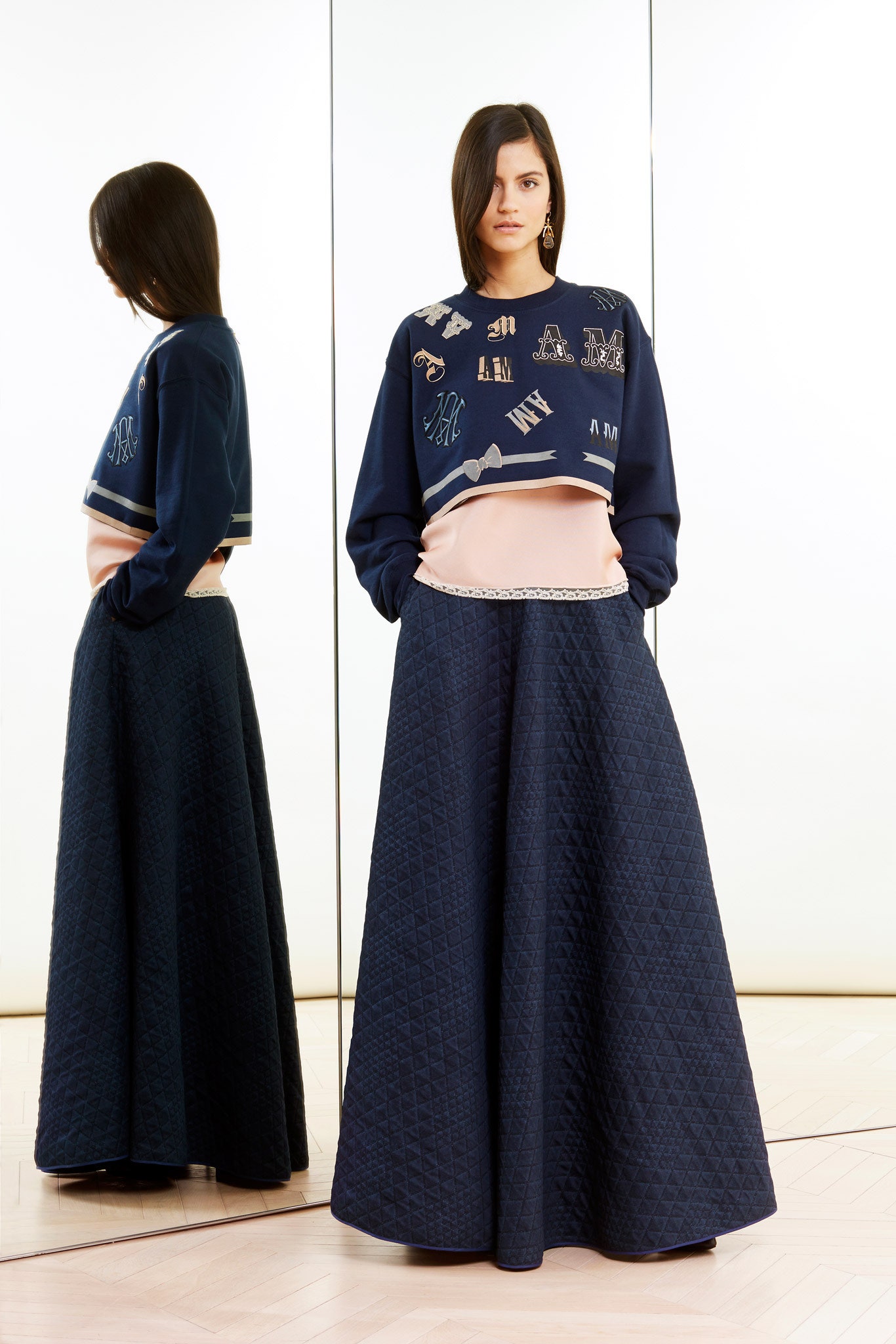 blue cotton fitted a-line quilted maxi skirt