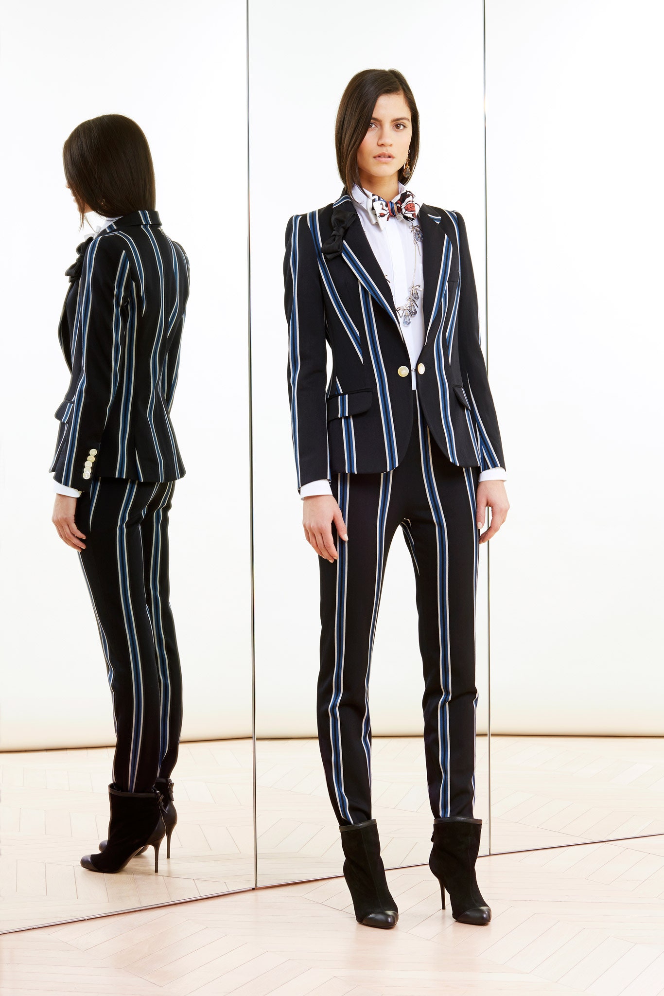 tailored black and blue striped suit