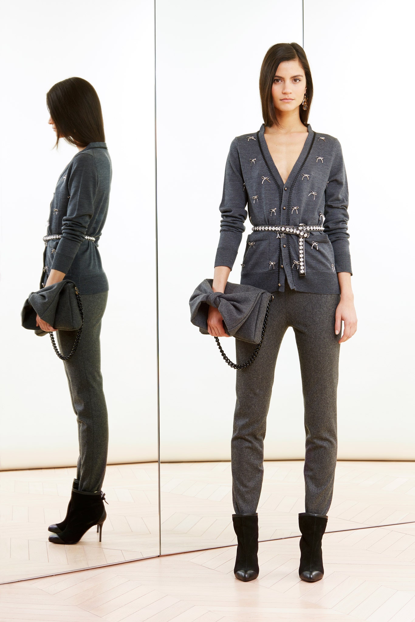 gray wool long-sleeve v-neck fitted embellished cardigan