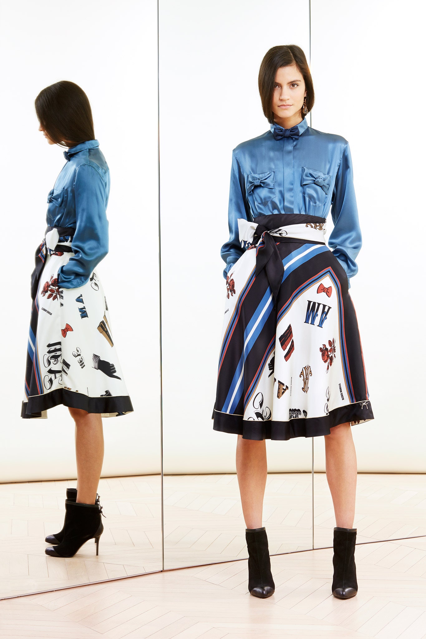 blue silk shirt and flared skirt