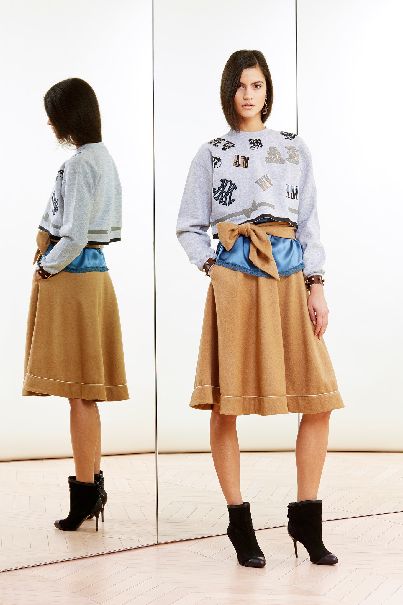 brown wool fitted high-waisted flared midi skirt