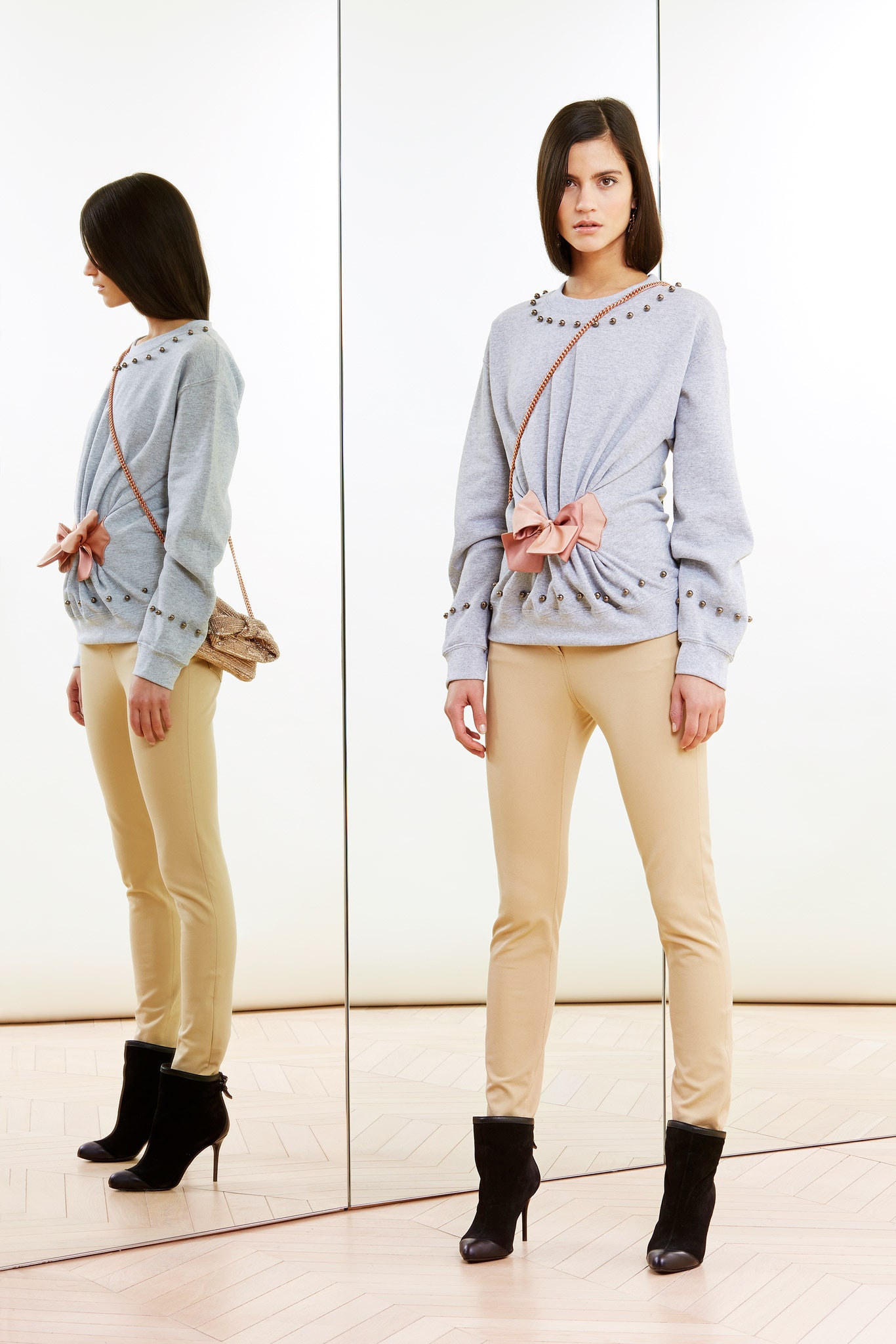 gray cotton long-sleeve relaxed draped embellished sweater