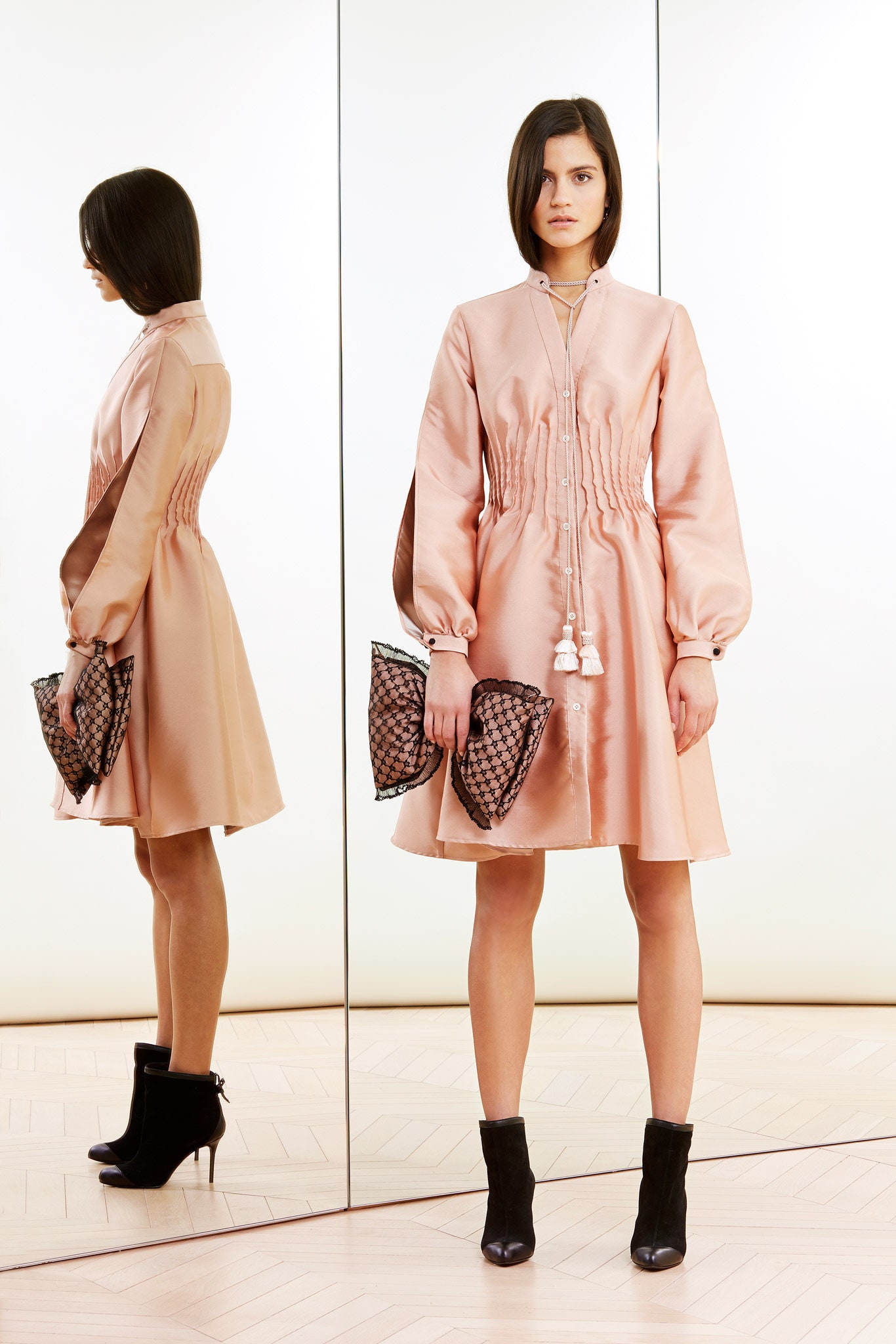 pink silk long-sleeve collared fitted pleated mini dress