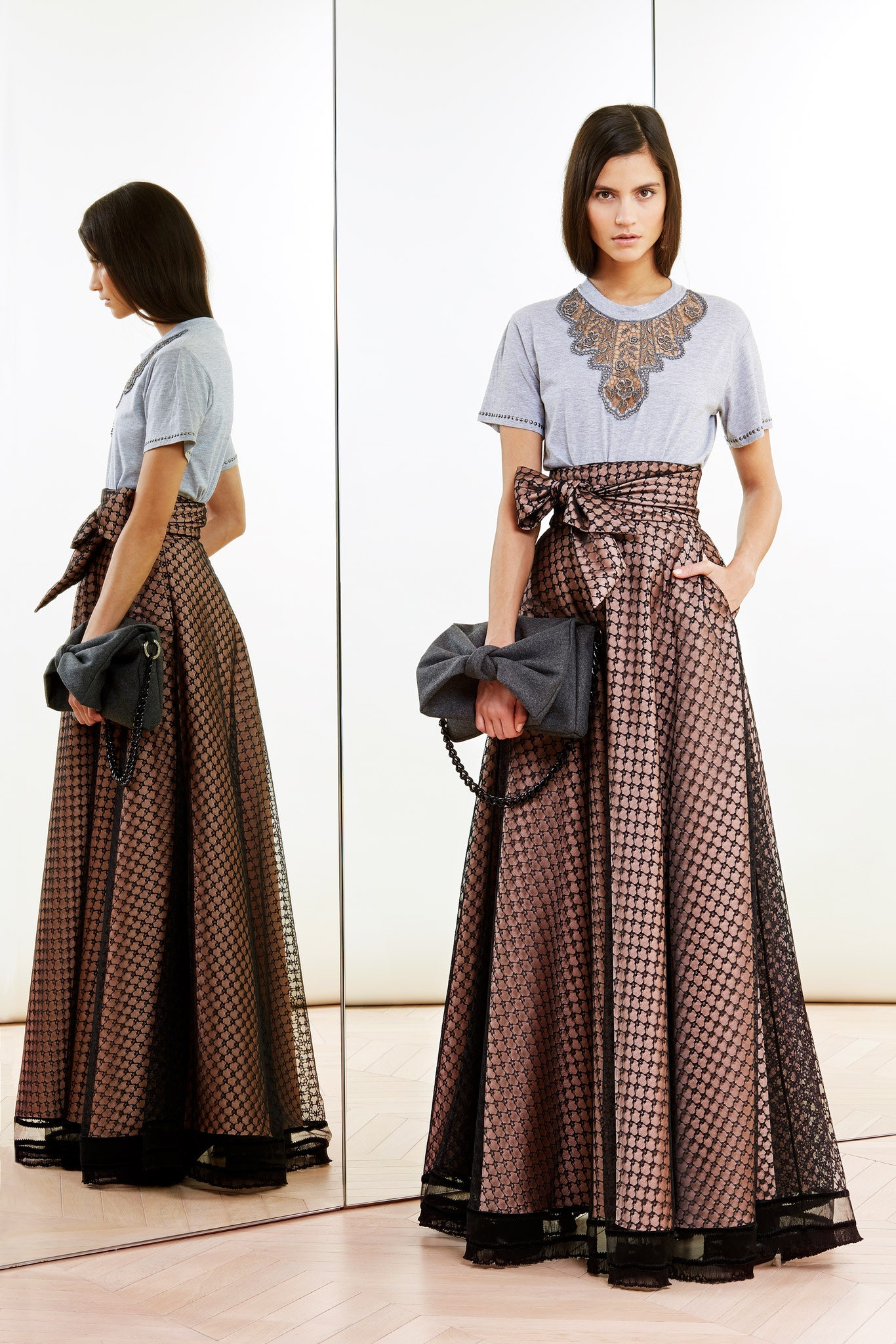 gray embroidered top with brown tiered skirt