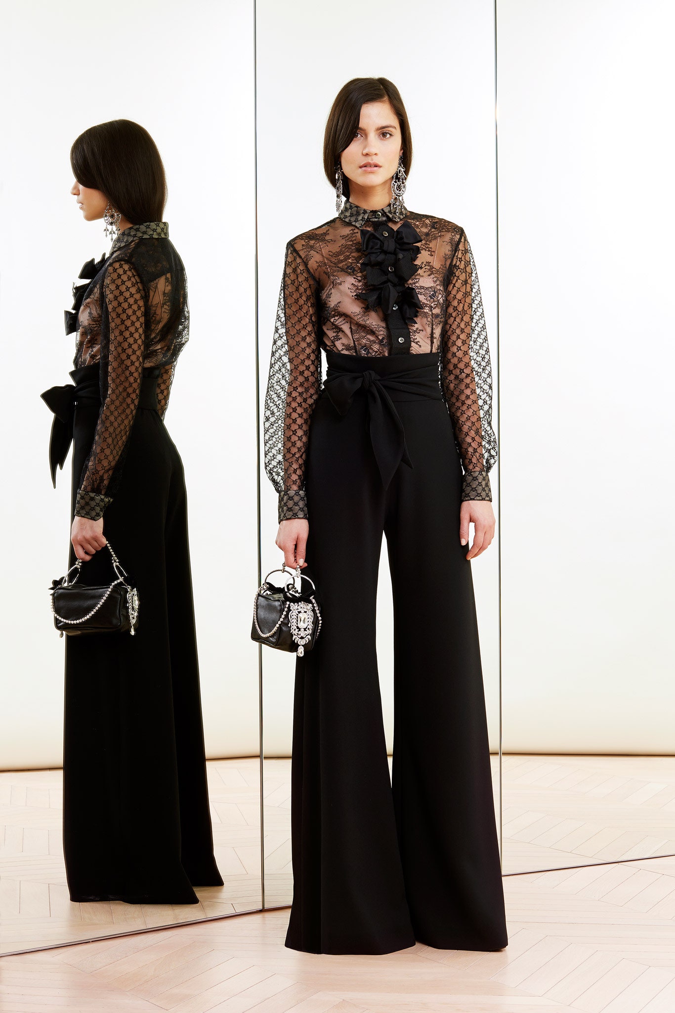 black lace long-sleeve collared fitted ruffled sheer blouse