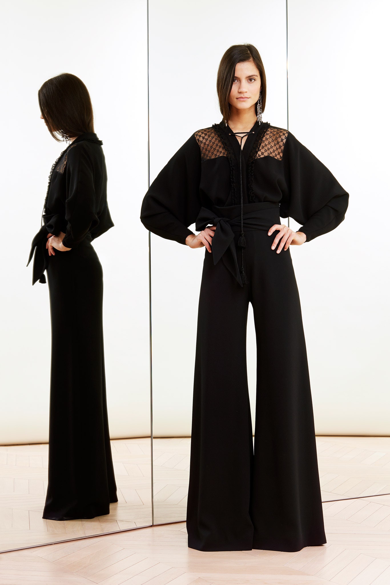 black silk long-sleeve collared relaxed pleated blouse