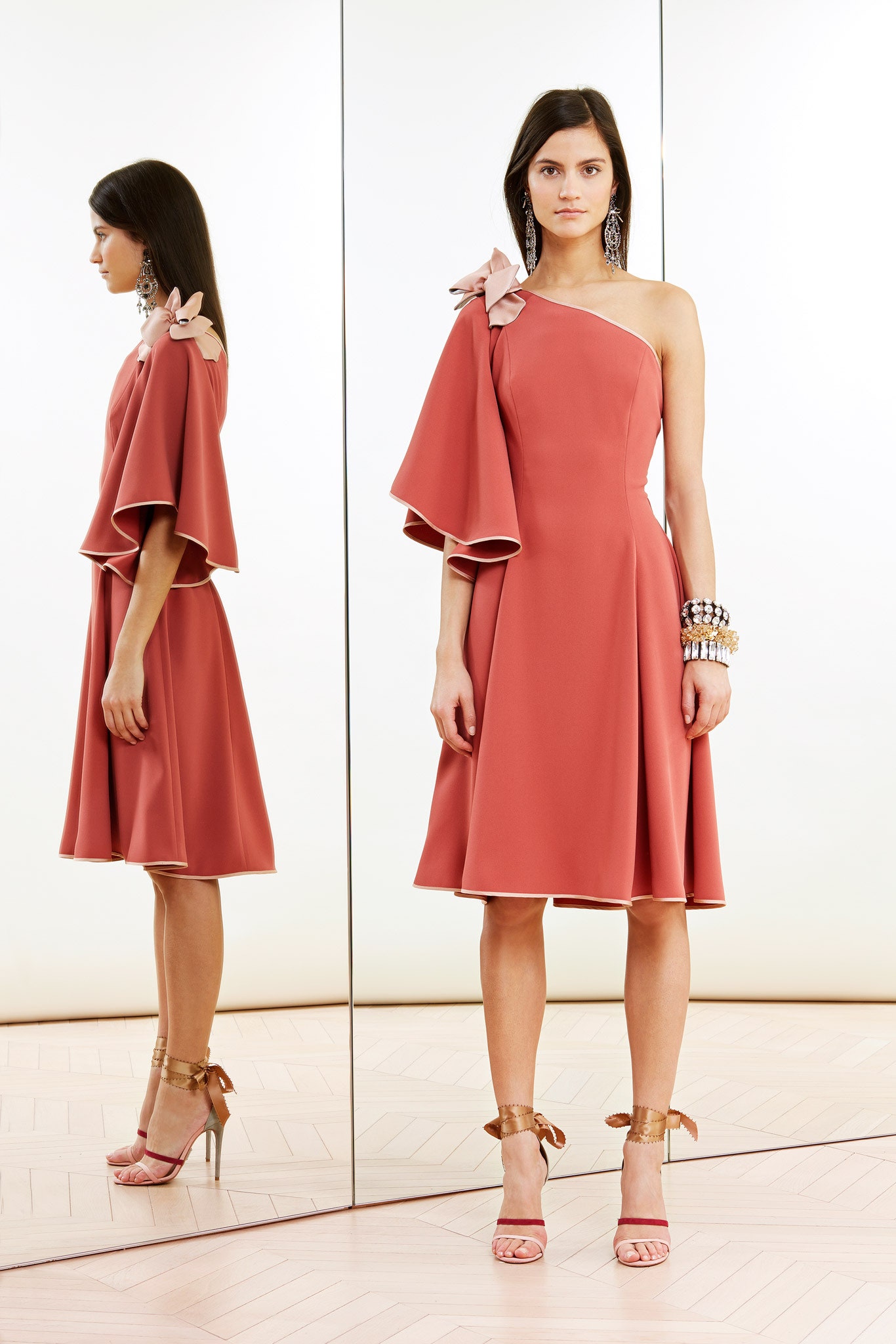 pink neoprene sleeveless asymmetric fitted flared midi dress
