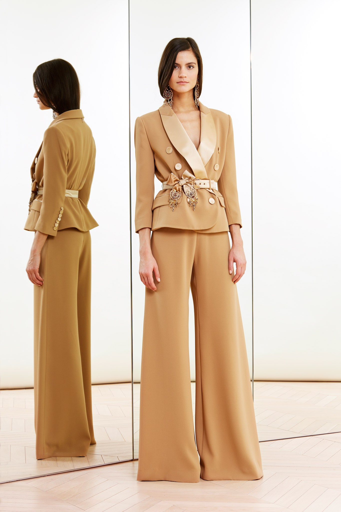 beige silk long-sleeve collared tailored buttoned embellished blazer