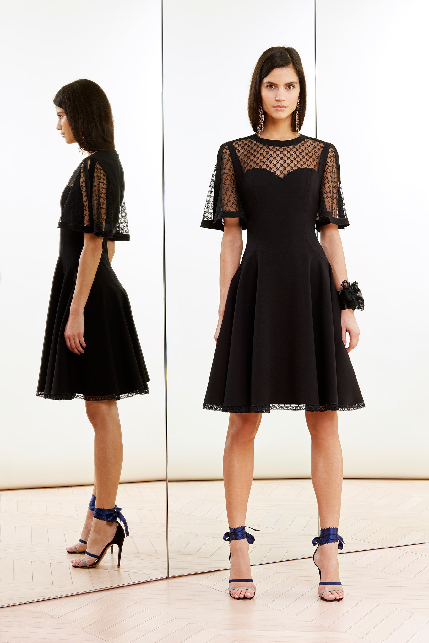 black cotton short-sleeve high-neck fitted a-line pleated dress