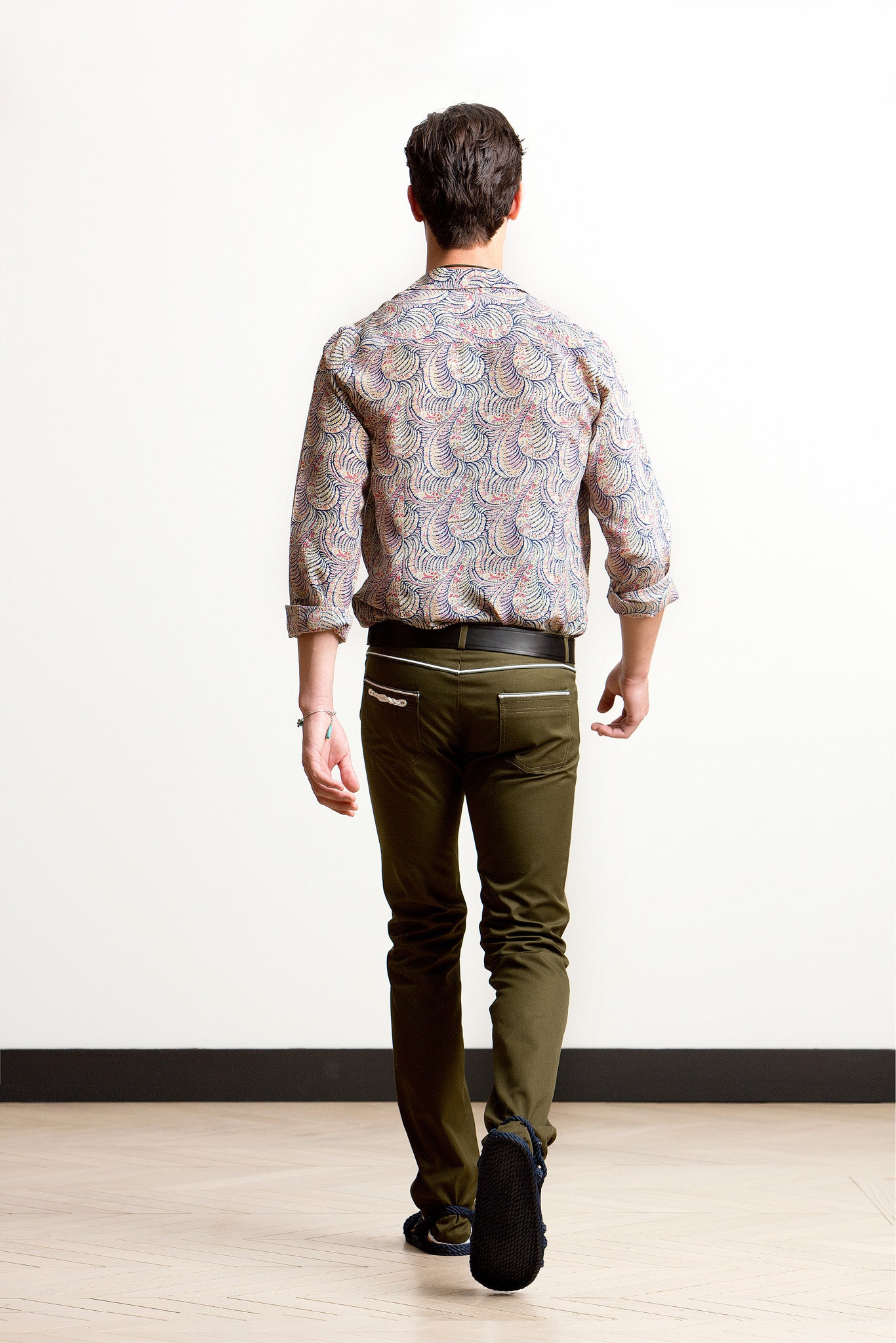 multi-colored fitted shirt and green pants