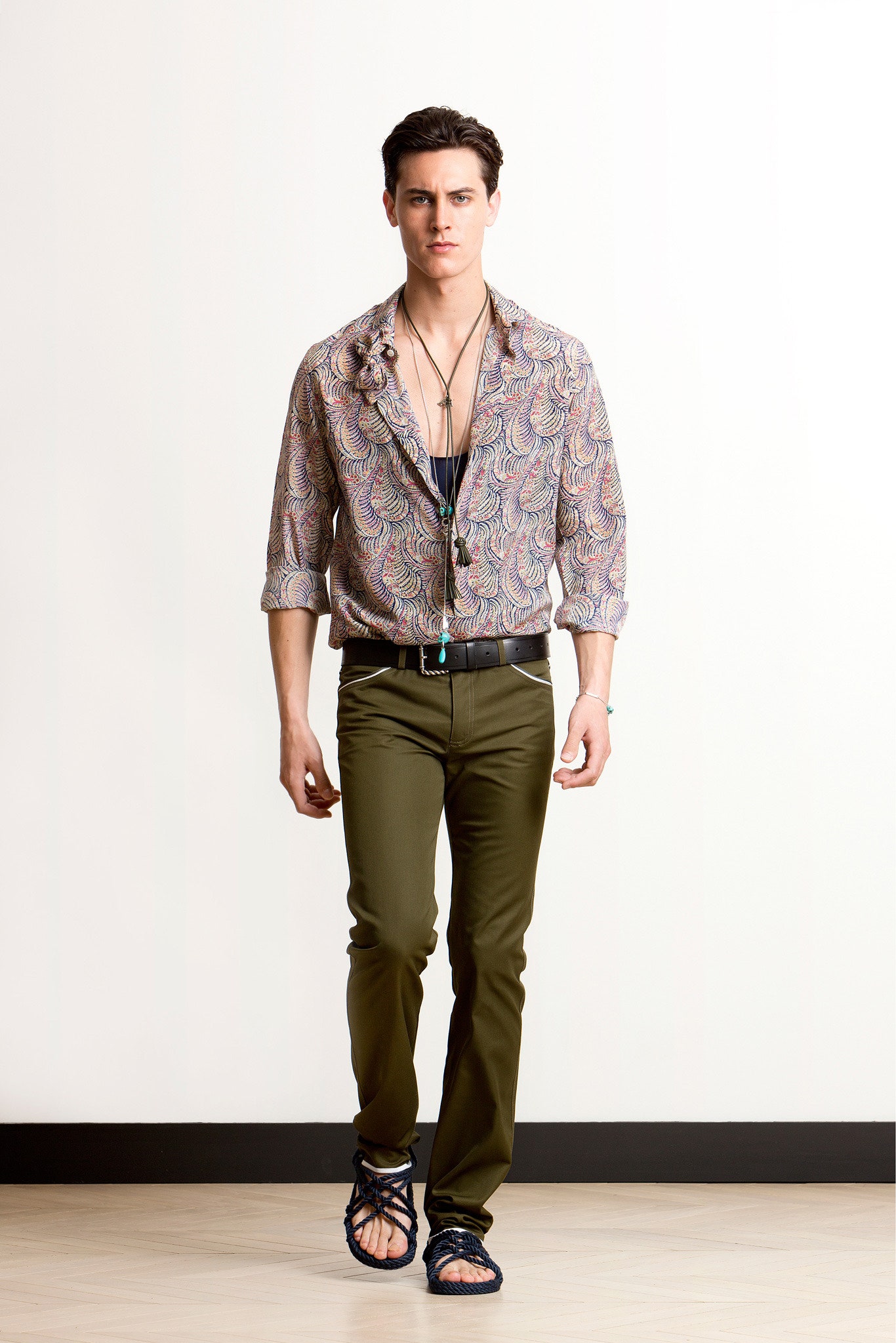 multi-colored fitted shirt with slim pants