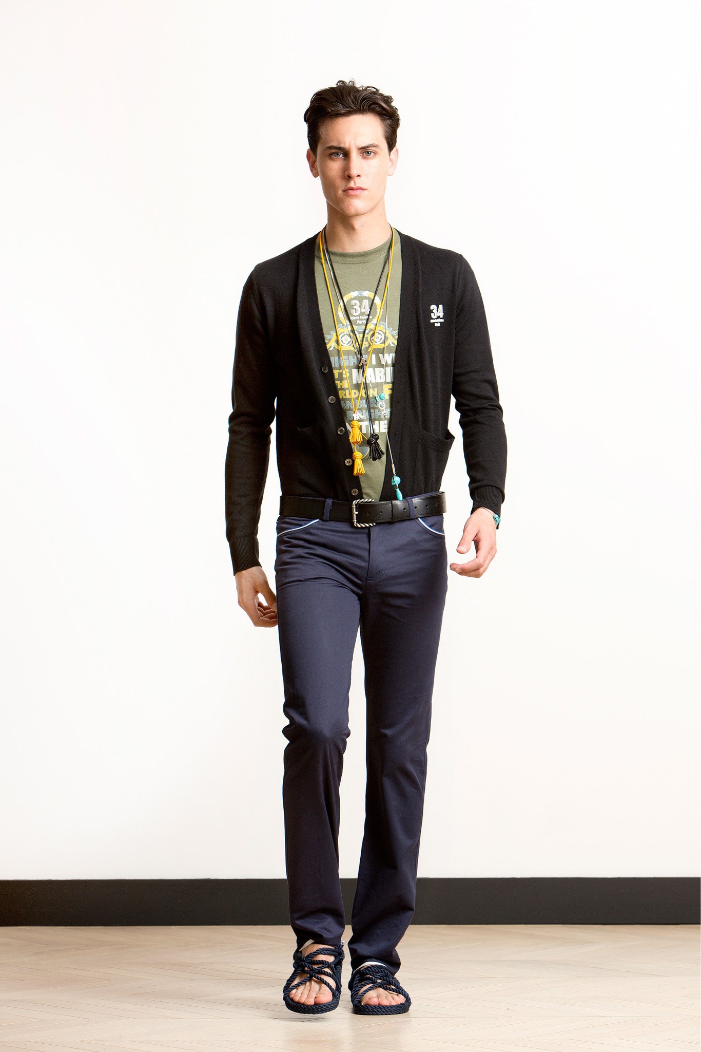 black cardigan with green t-shirt