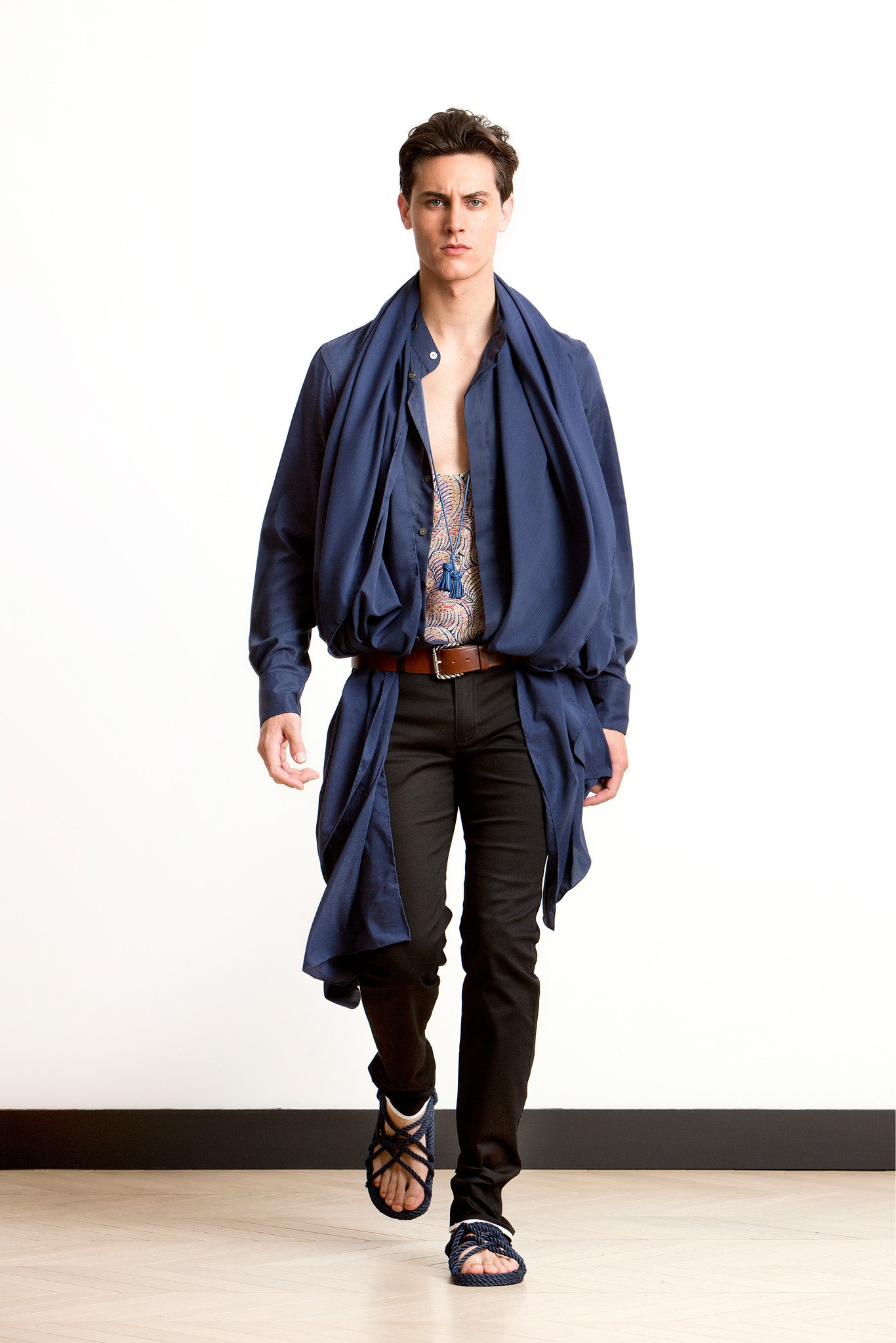 blue silk relaxed shirt with black pants