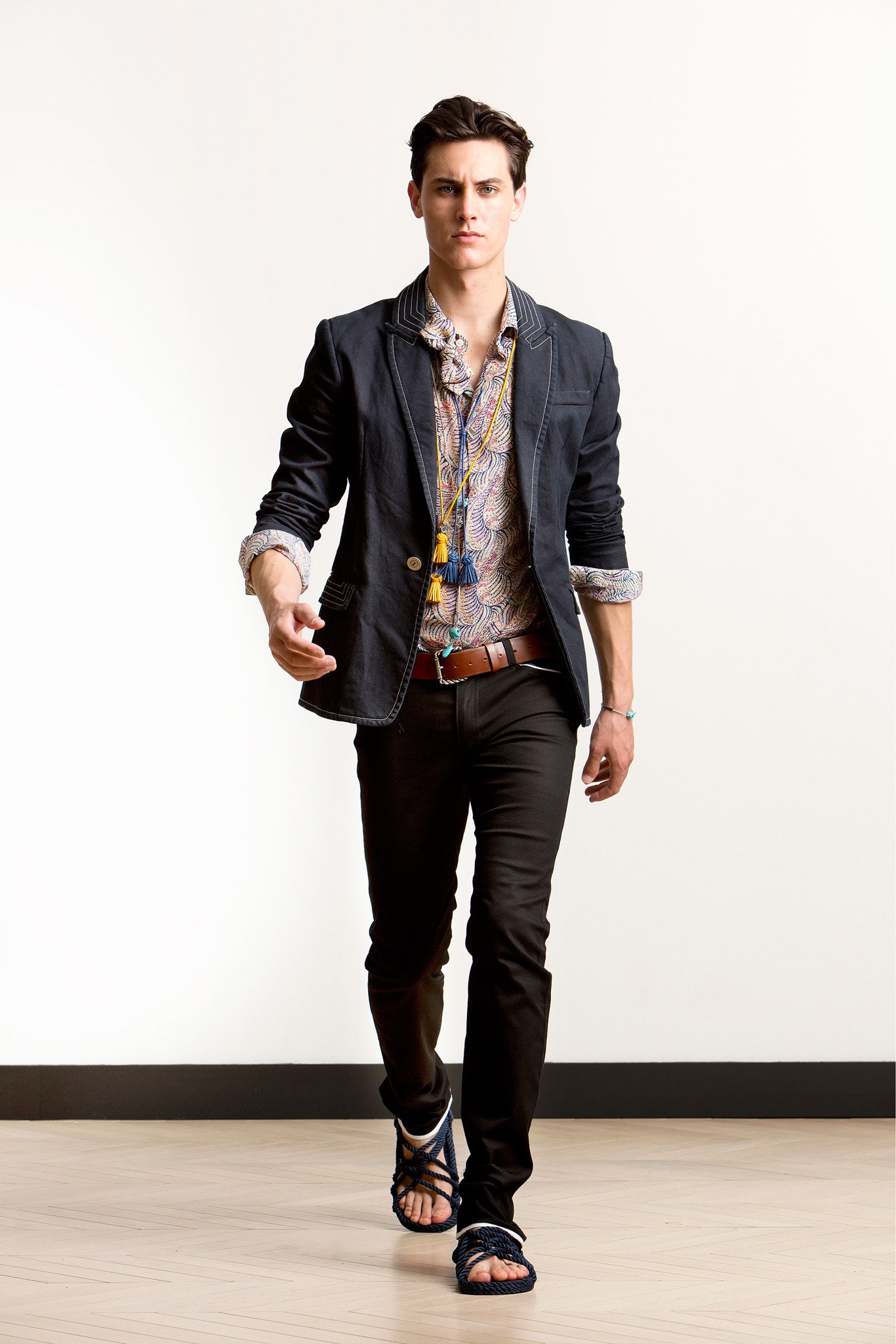 black tailored blazer with printed shirt