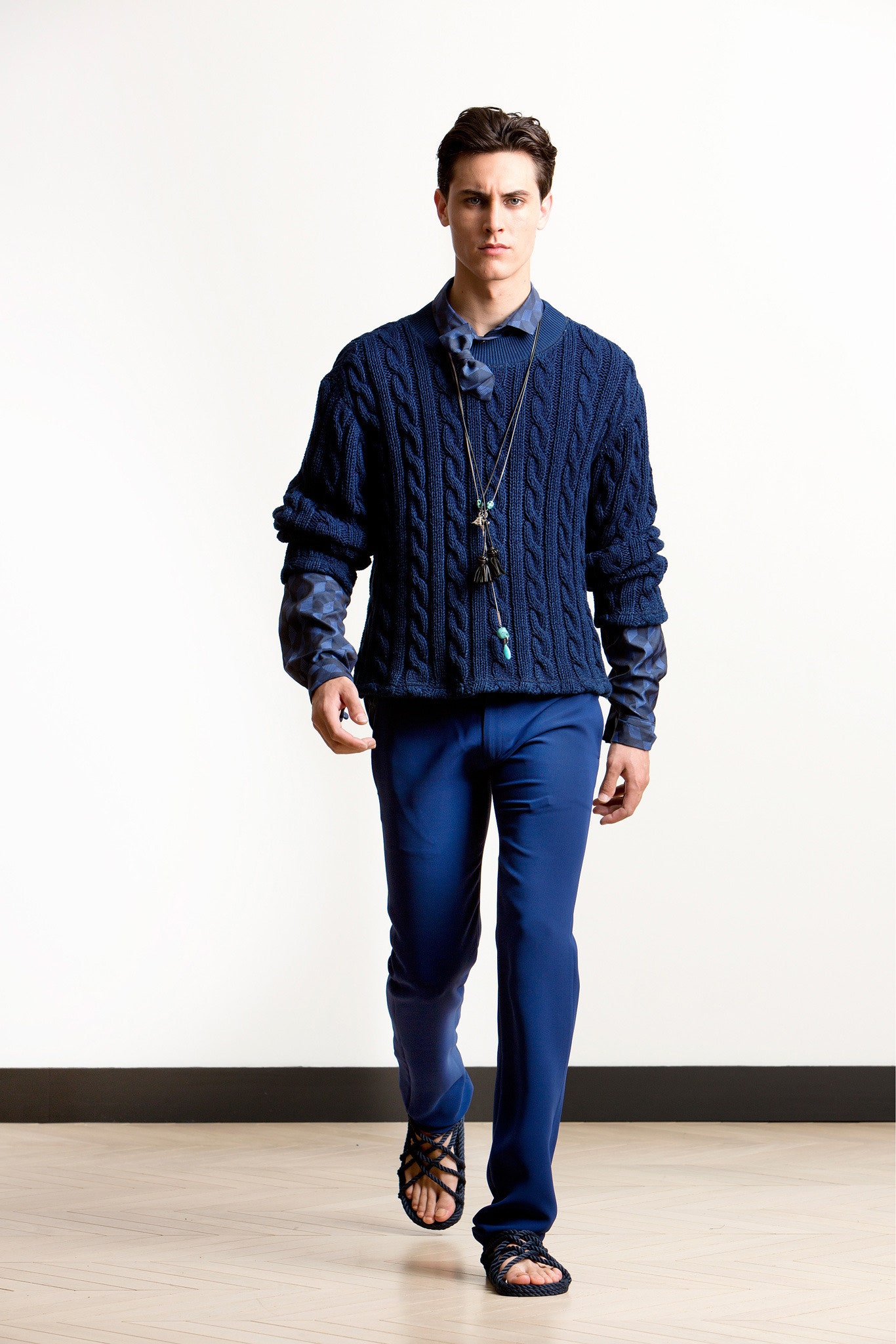 blue relaxed sweater with fitted shirt