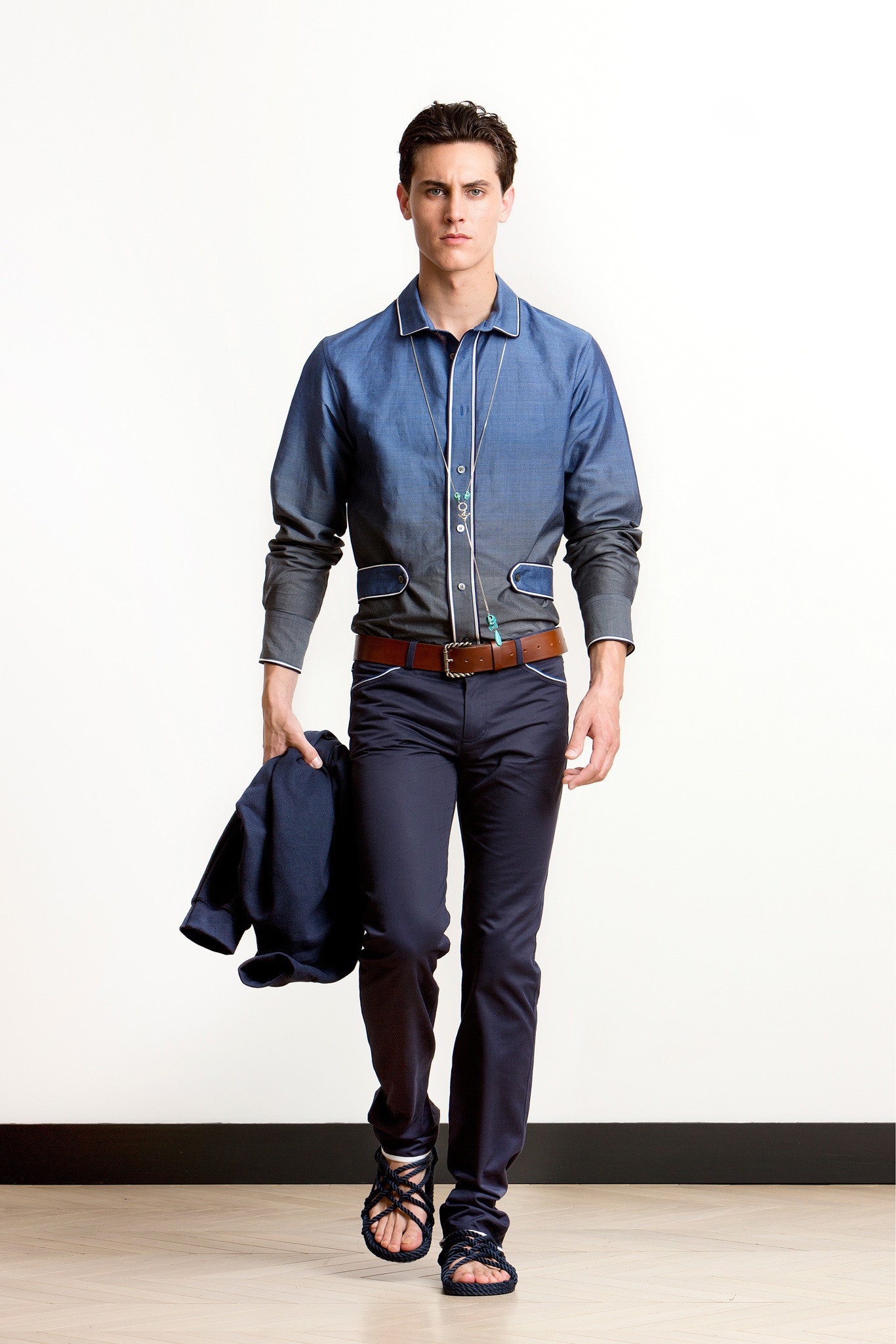 blue fitted shirt with navy pants