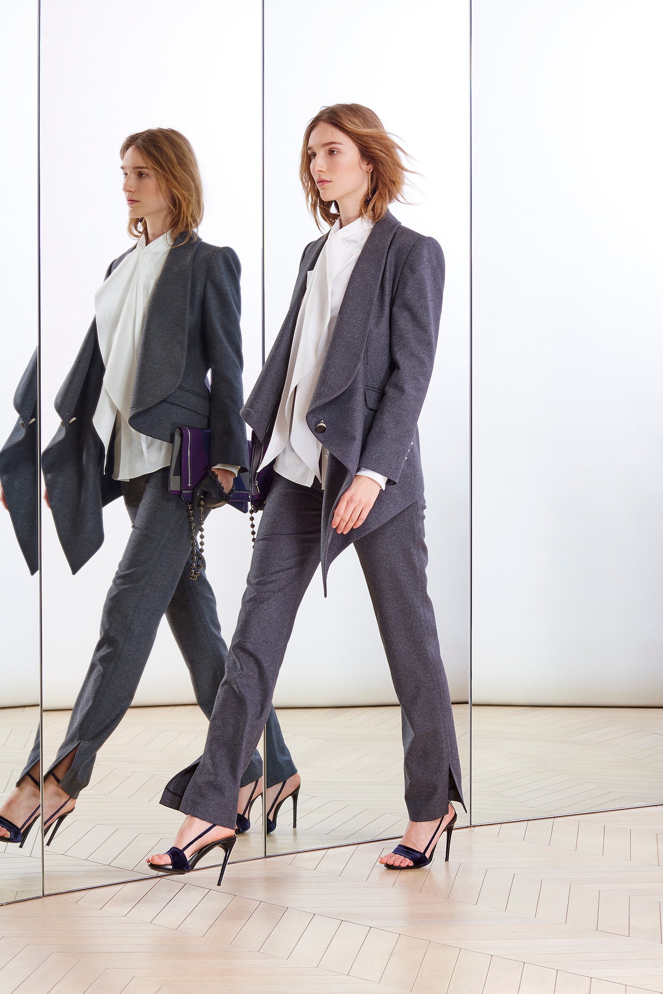 gray wool slit tailored straight-leg pants