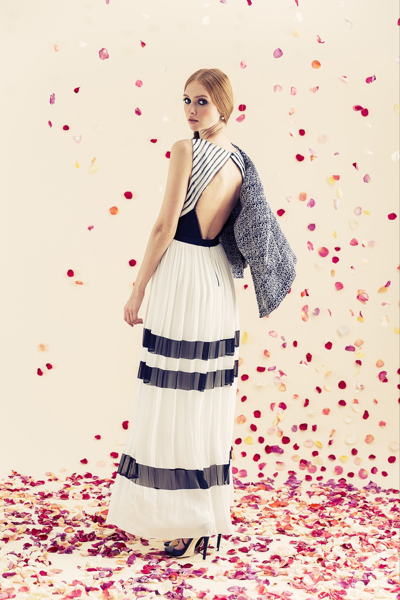 white pleated gown with jacket