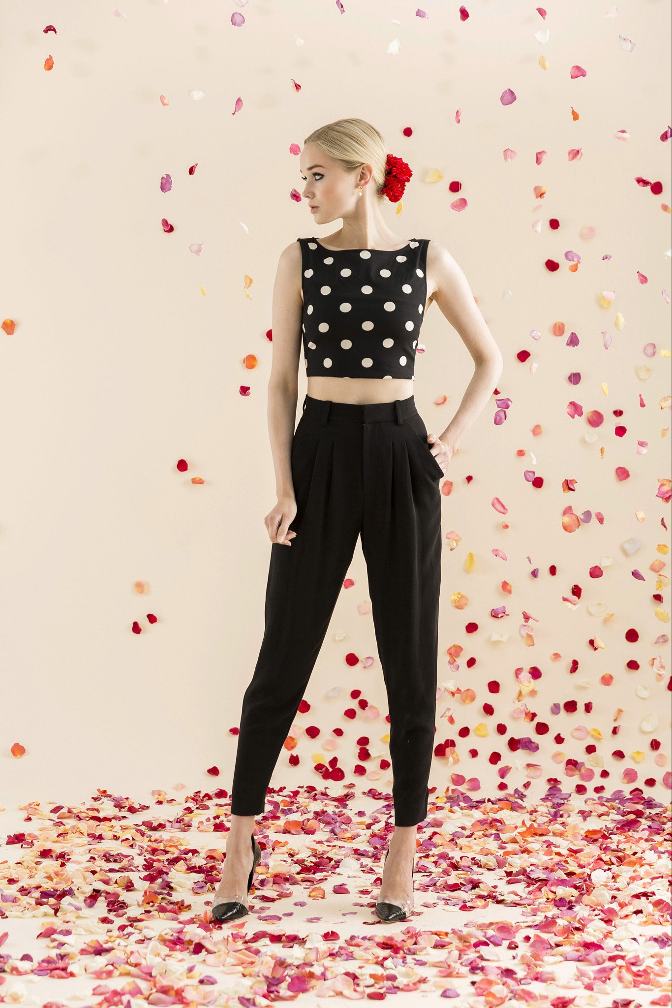 black and white polka-dot crop-top with tailored pants